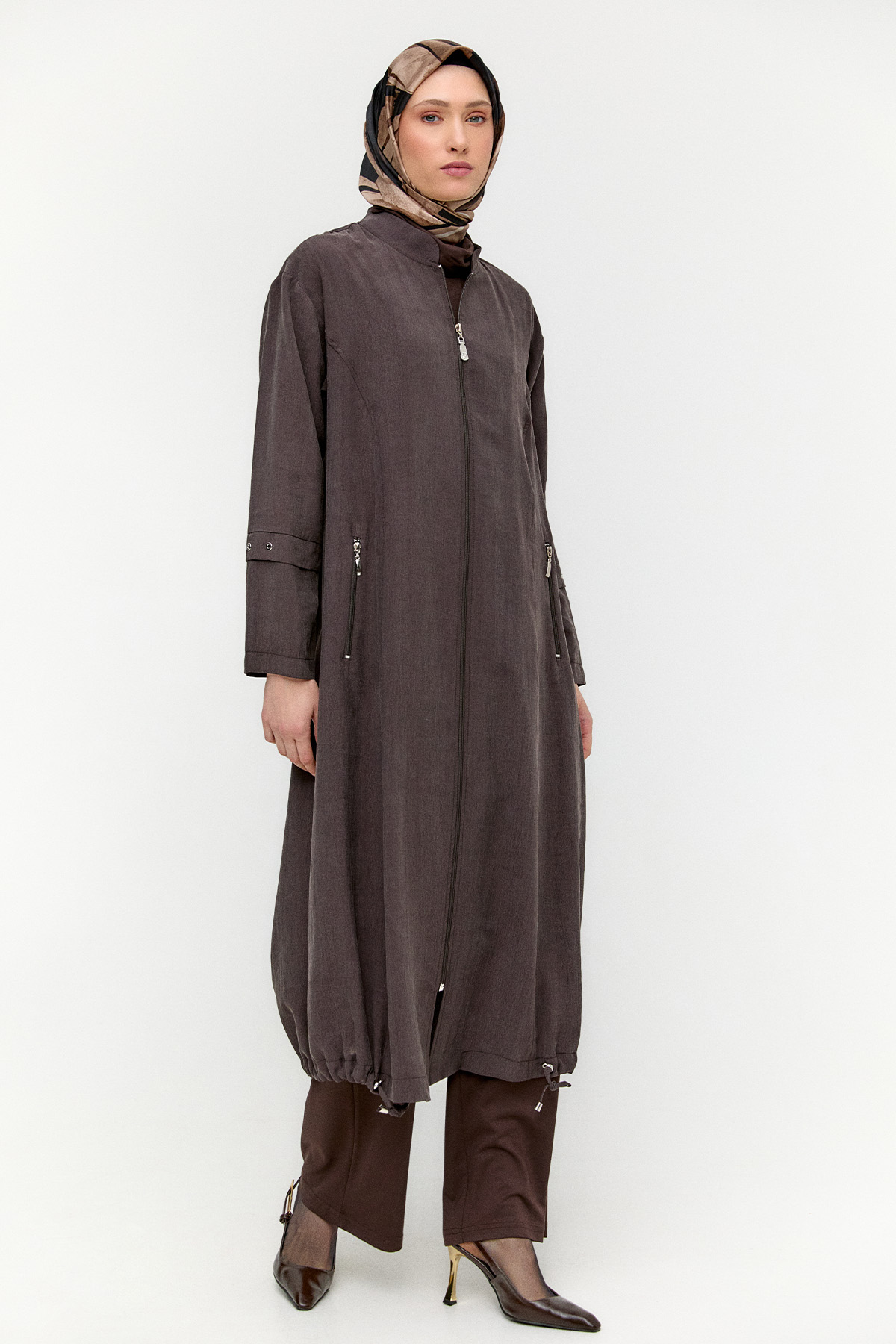Bağlama Detaylı Hakim Yakalı Pardesü, Tesettür Giyim