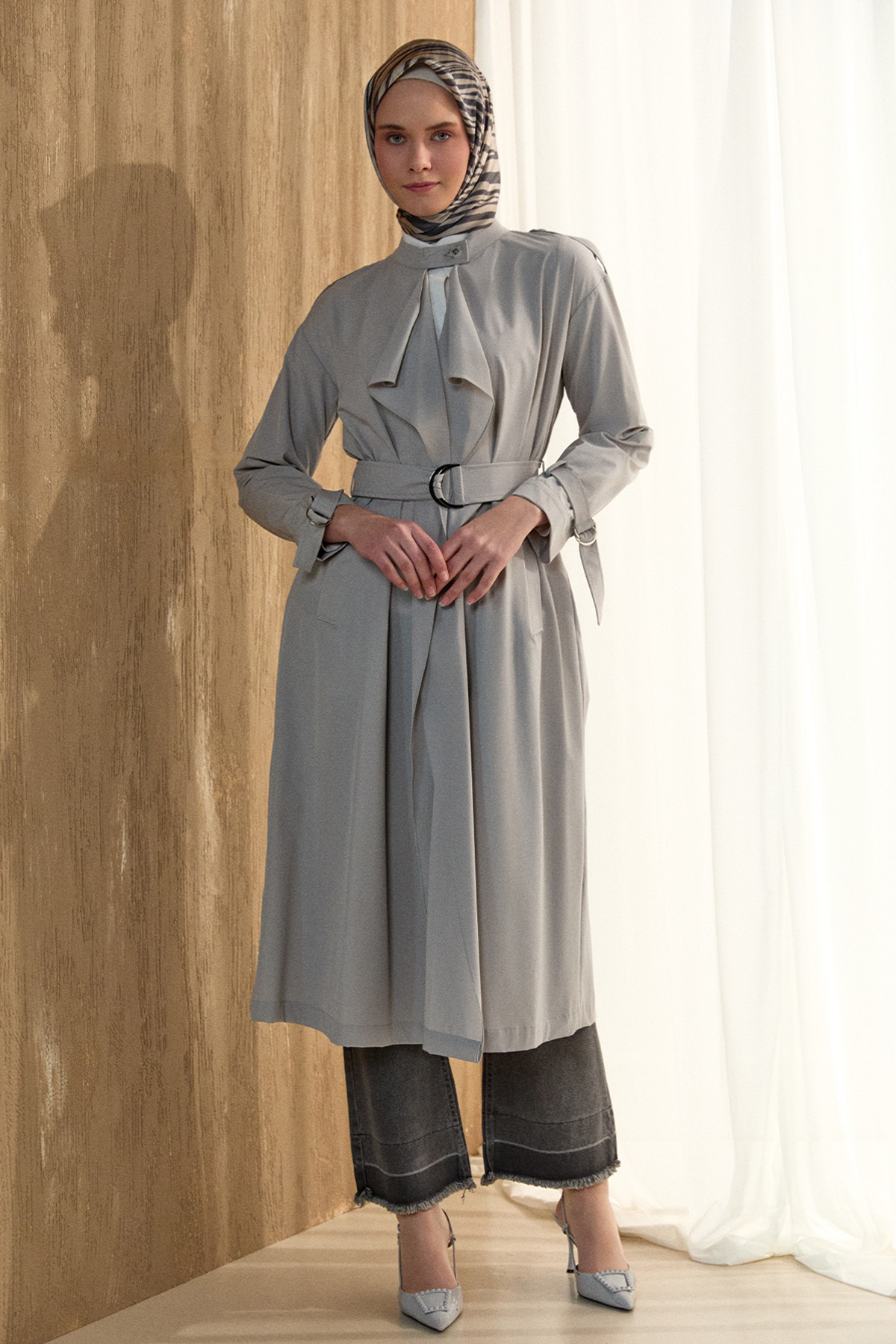 Hakim Yakalı Kemerli Pardesü, Tesettür Giyim