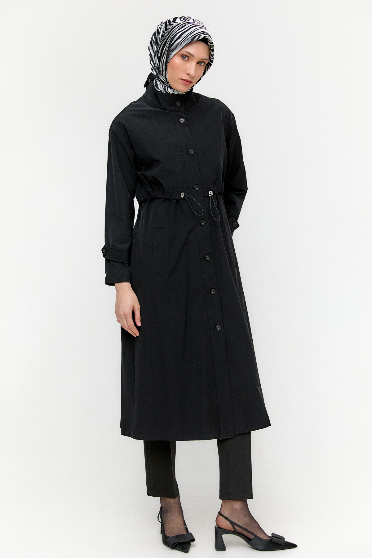 Kemerli Stoper Detaylı Pardesü, Tesettür Giyim