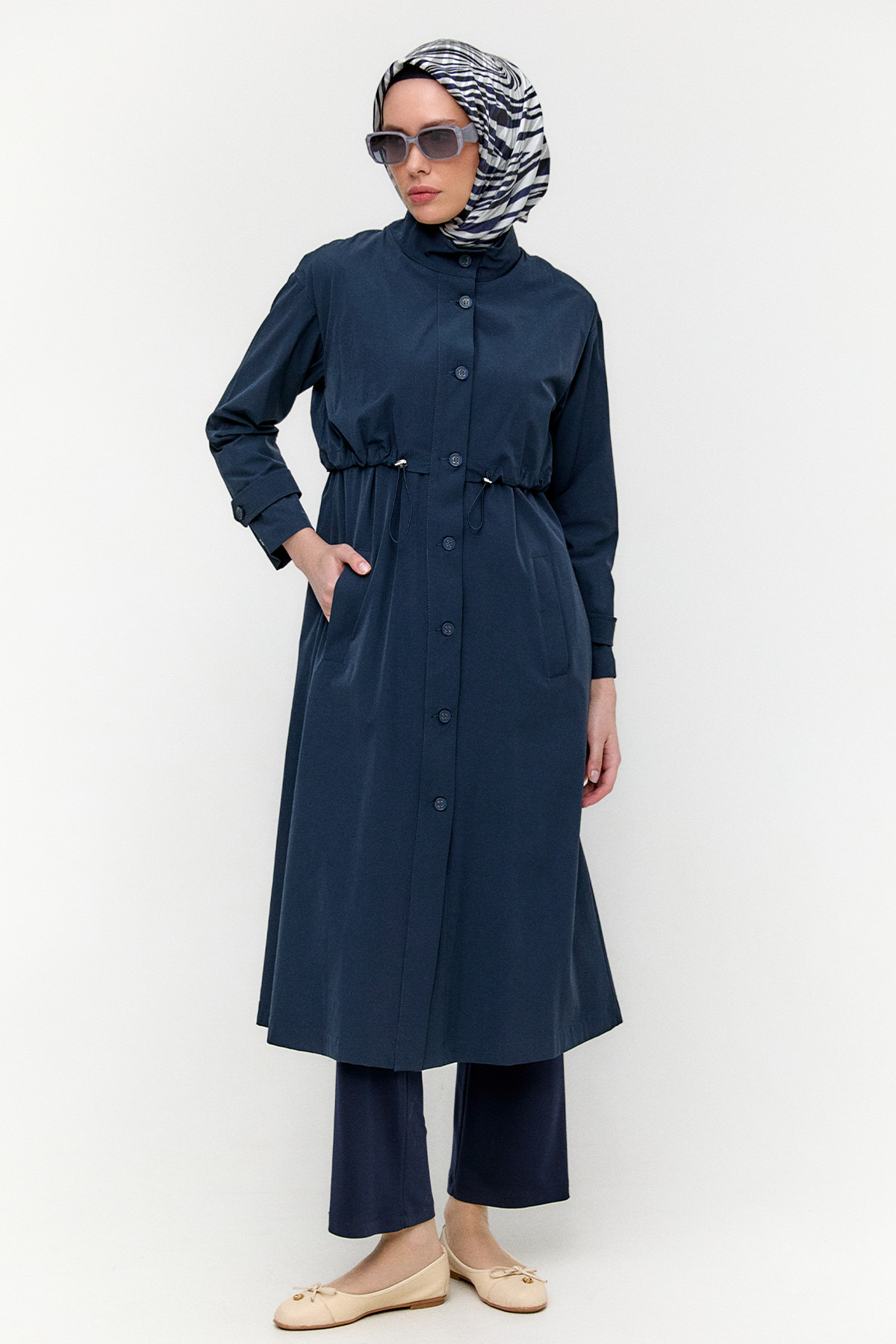 Kemerli Stoper Detaylı Pardesü, Tesettür Giyim