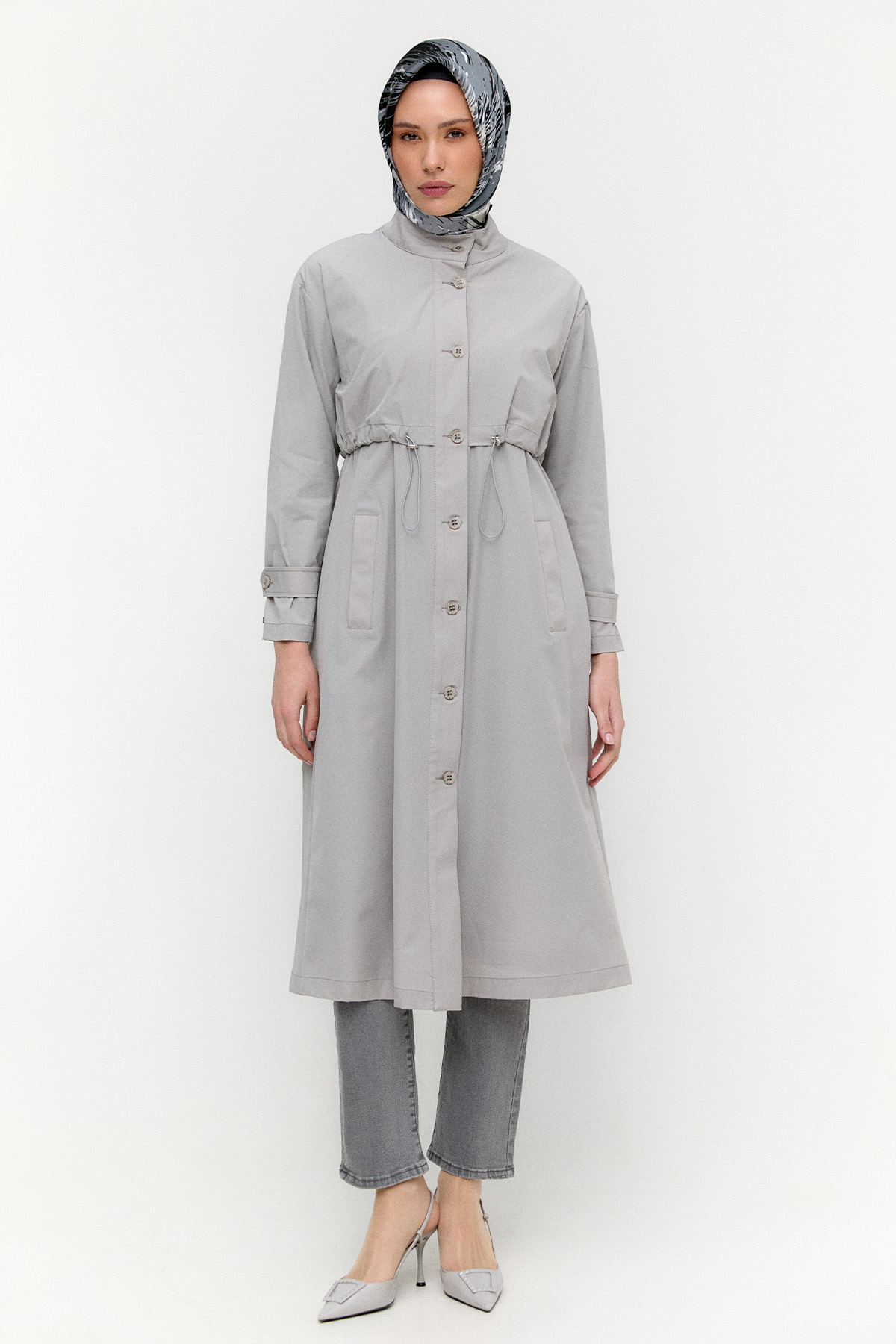 Kemerli Stoper Detaylı Pardesü, Tesettür Giyim