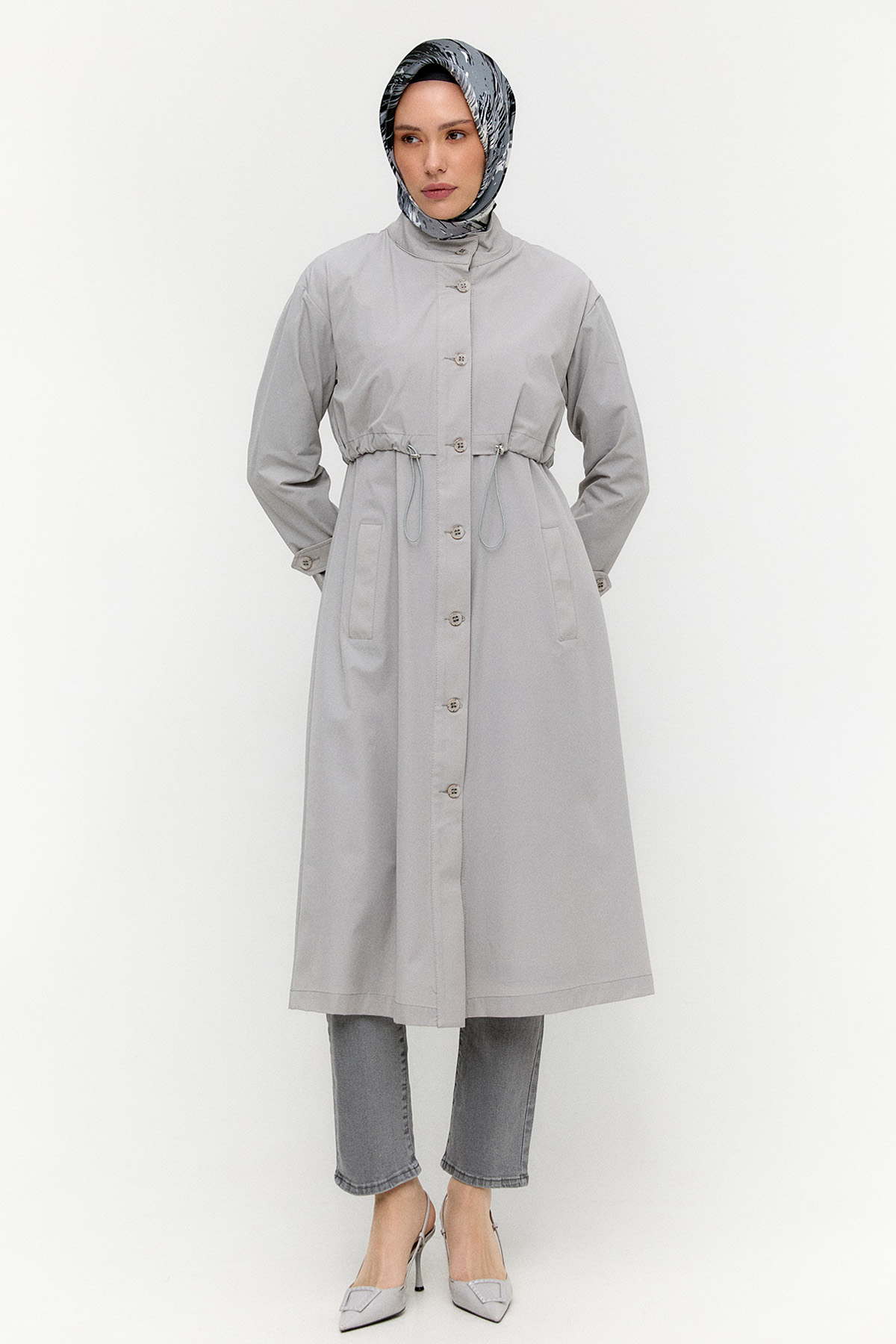 Kemerli Stoper Detaylı Pardesü, Tesettür Giyim