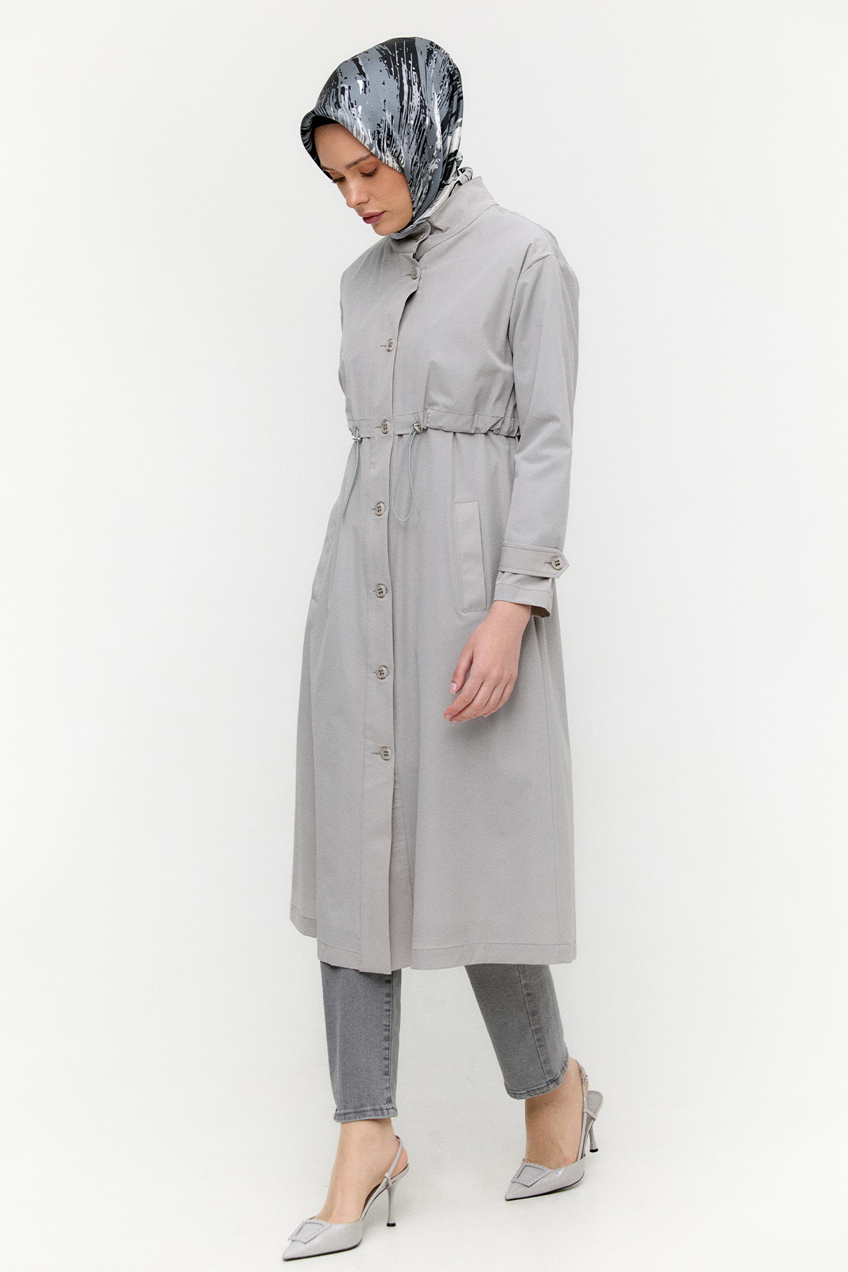 Kemerli Stoper Detaylı Pardesü, Tesettür Giyim