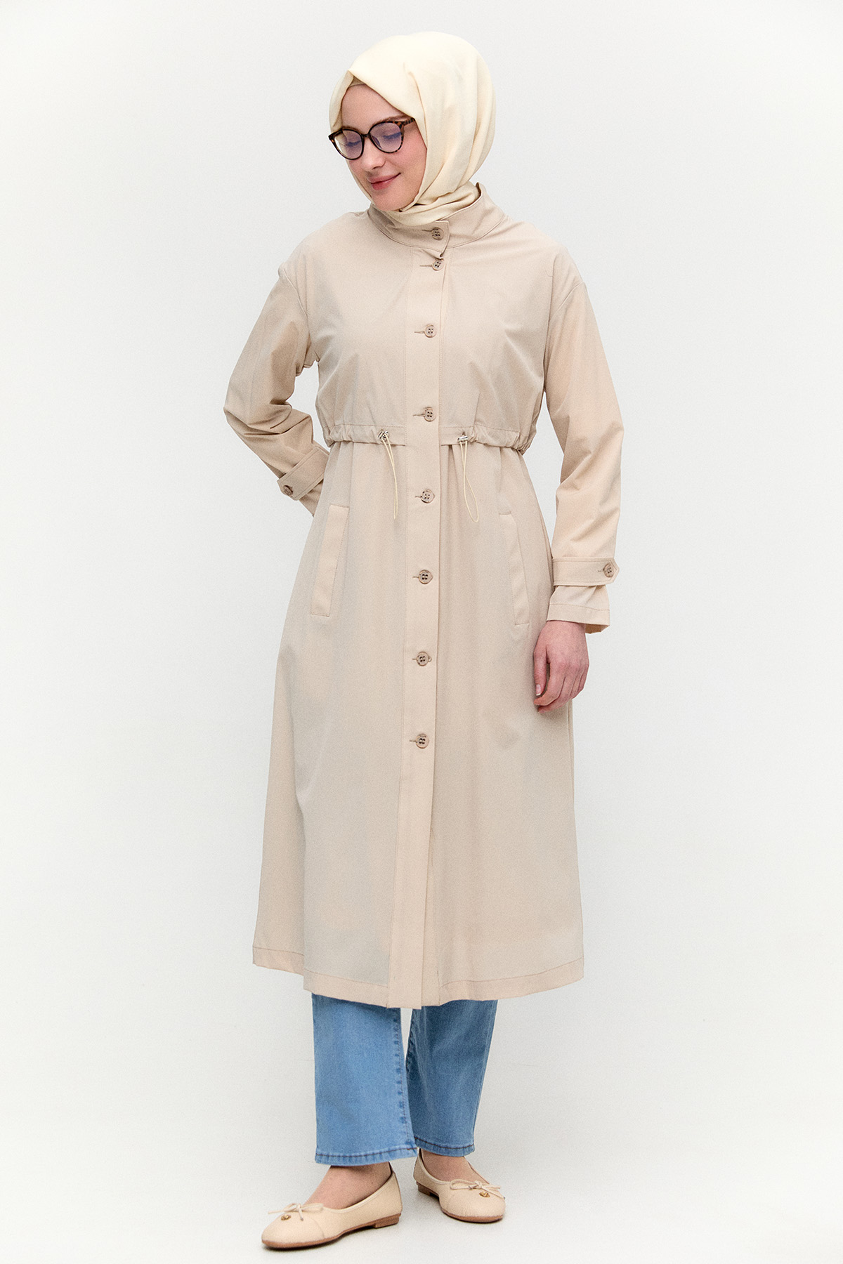 Stoper Detaylı Pardesü, Tesettür Giyim
