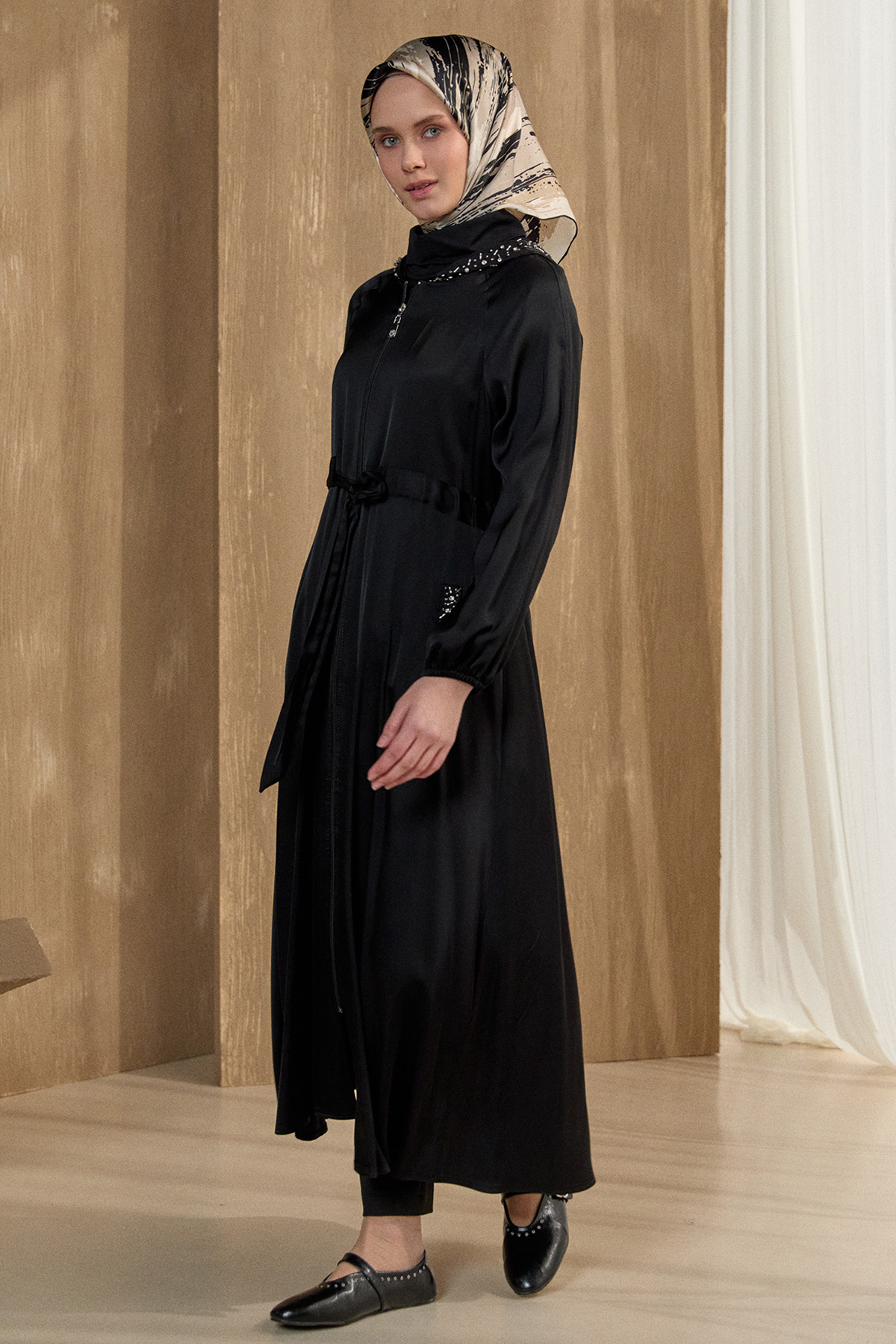 Taş İşlemeli Saten Pardesü, Tesettür Giyim