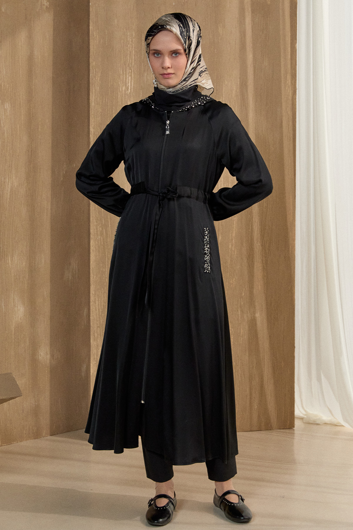 Taş İşlemeli Saten Pardesü, Tesettür Giyim