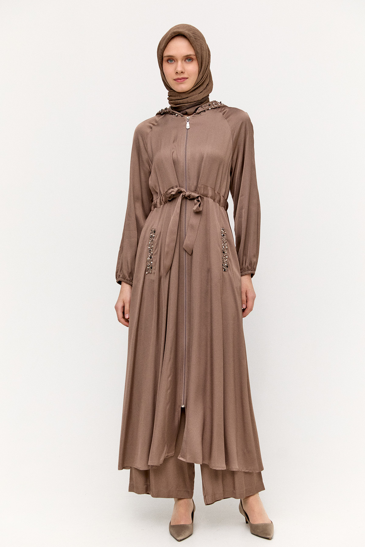 Taş İşlemeli Saten Pardesü, Tesettür Giyim