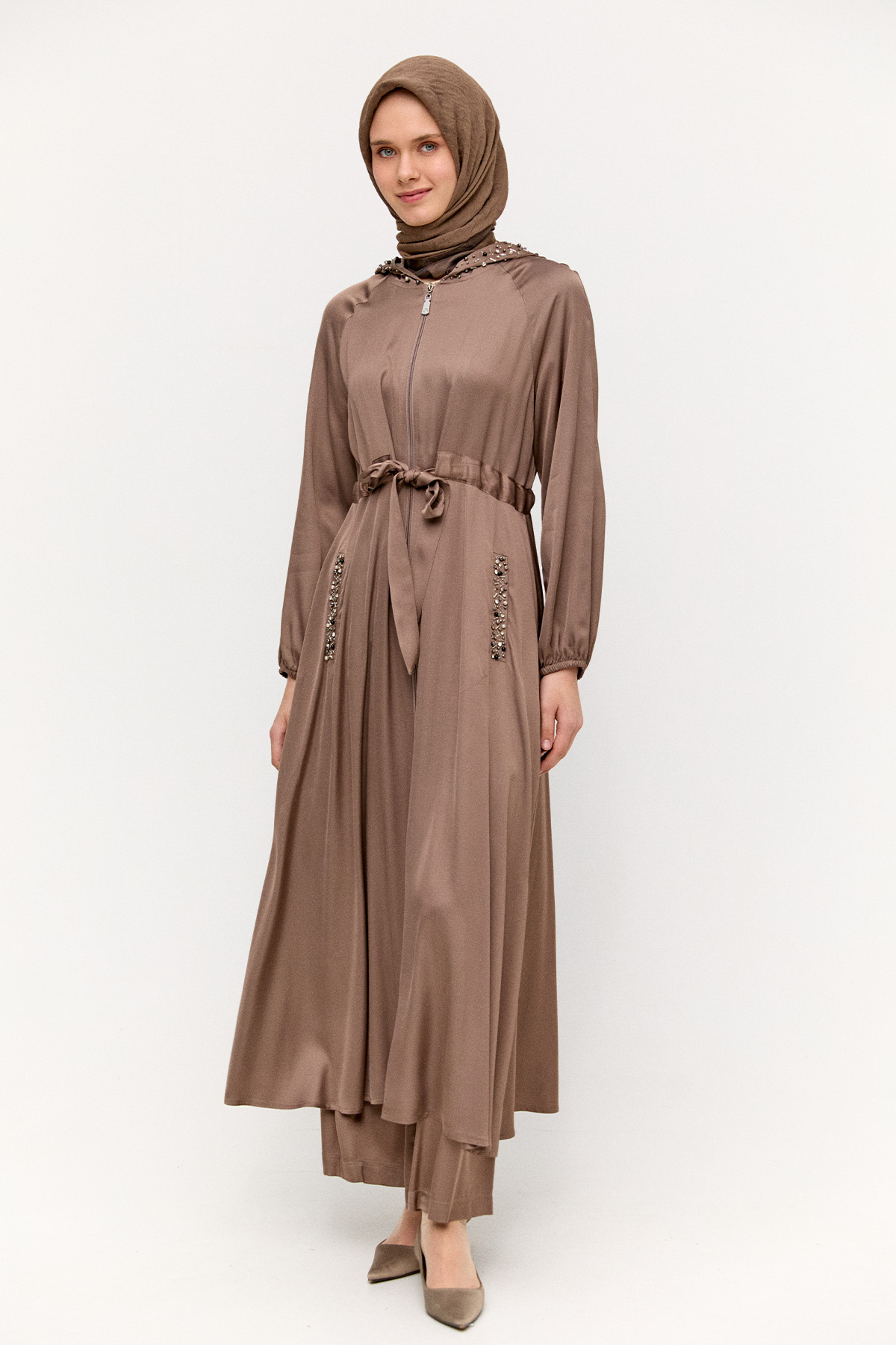 Taş İşlemeli Saten Pardesü, Tesettür Giyim