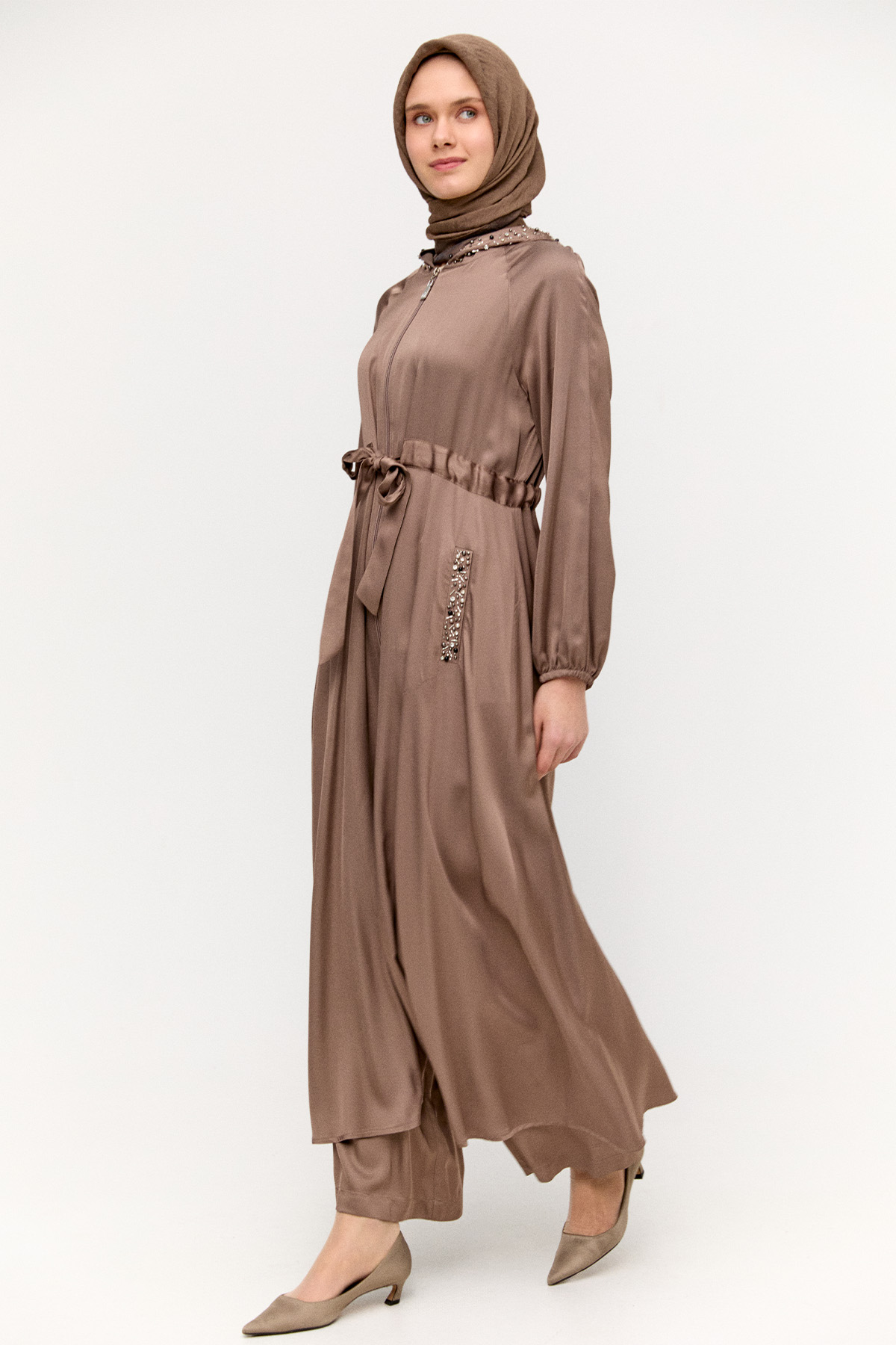 Taş İşlemeli Saten Pardesü, Tesettür Giyim