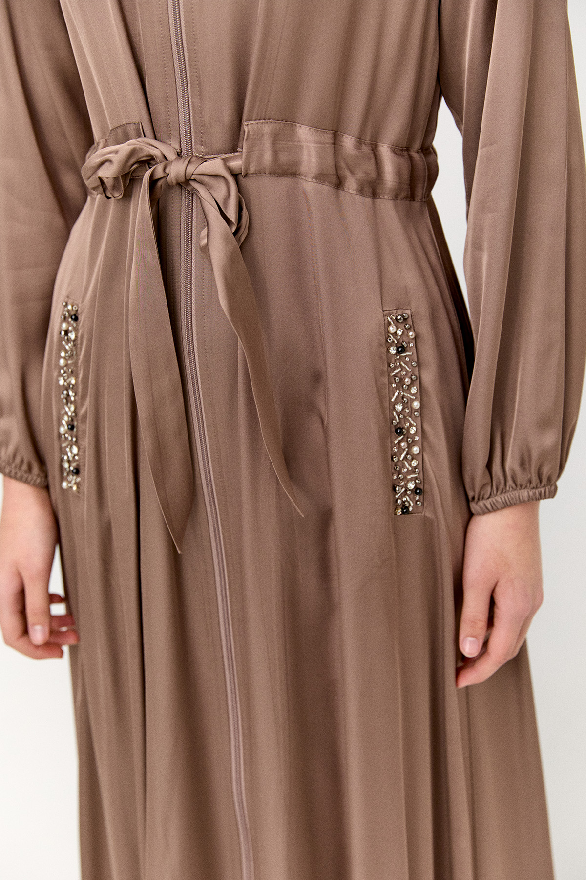 Taş İşlemeli Saten Pardesü, Tesettür Giyim