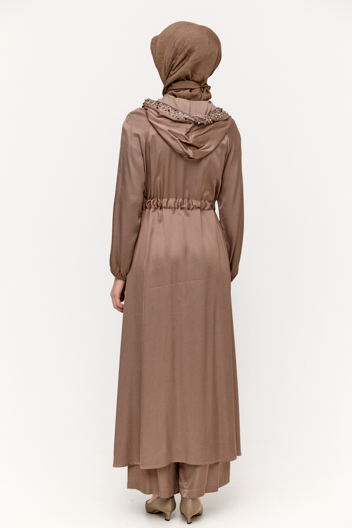 Taş İşlemeli Saten Pardesü, Tesettür Giyim