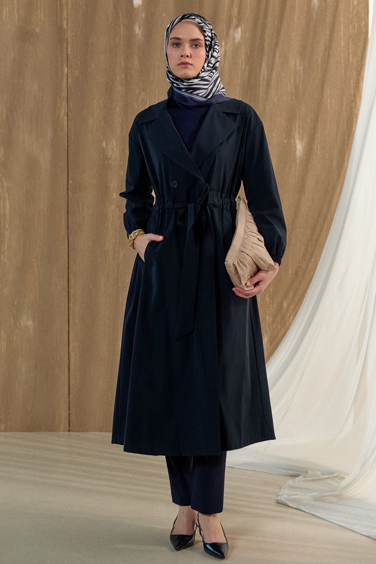 Kruvaze Kuşaklı Pardesü, Tesettür Giyim