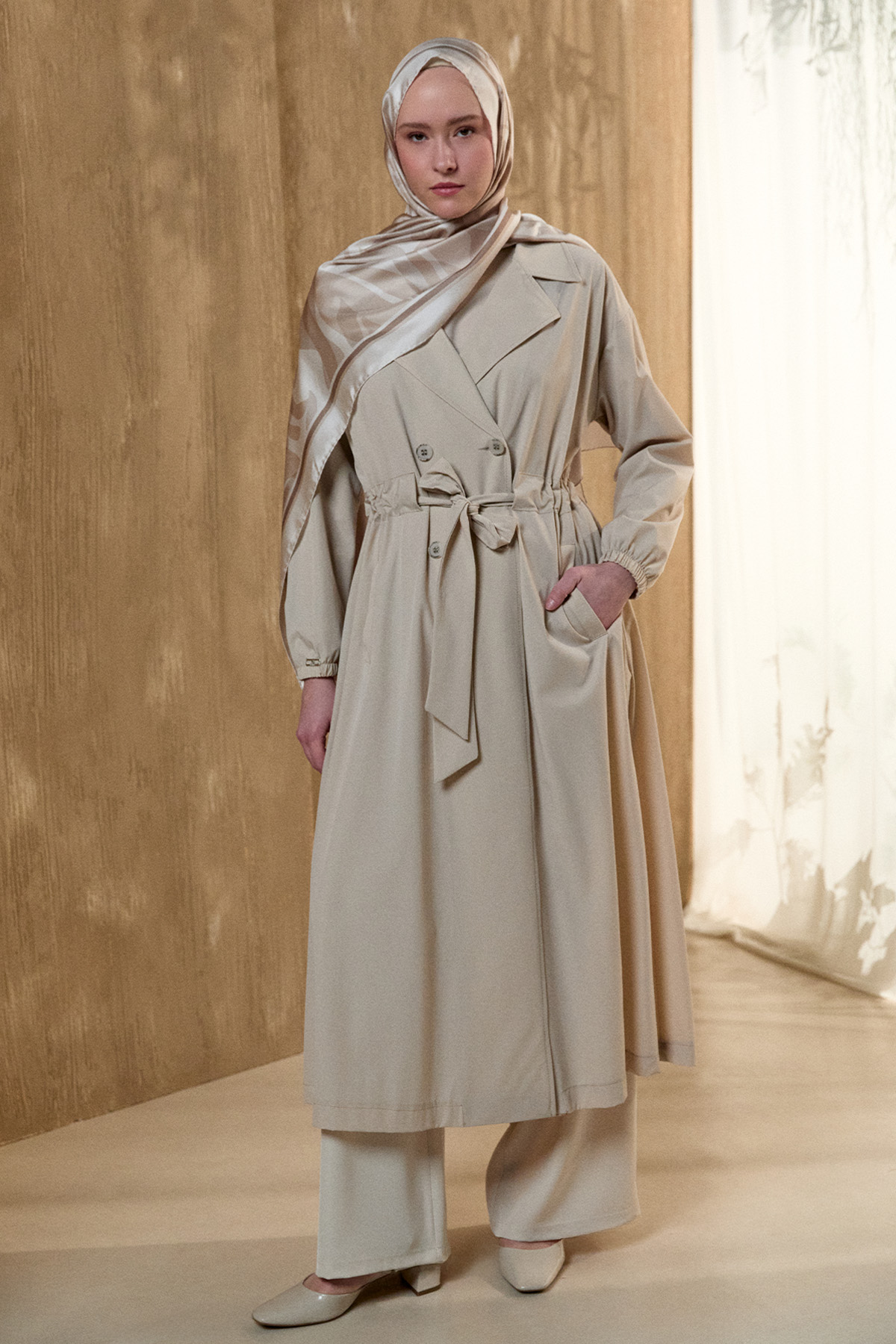 Kruvaze Kuşaklı Pardesü, Tesettür Giyim