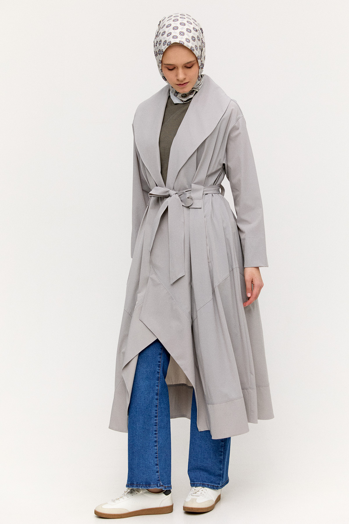 Şal Yakalı Kuşaklı Pardesü, Tesettür Giyim