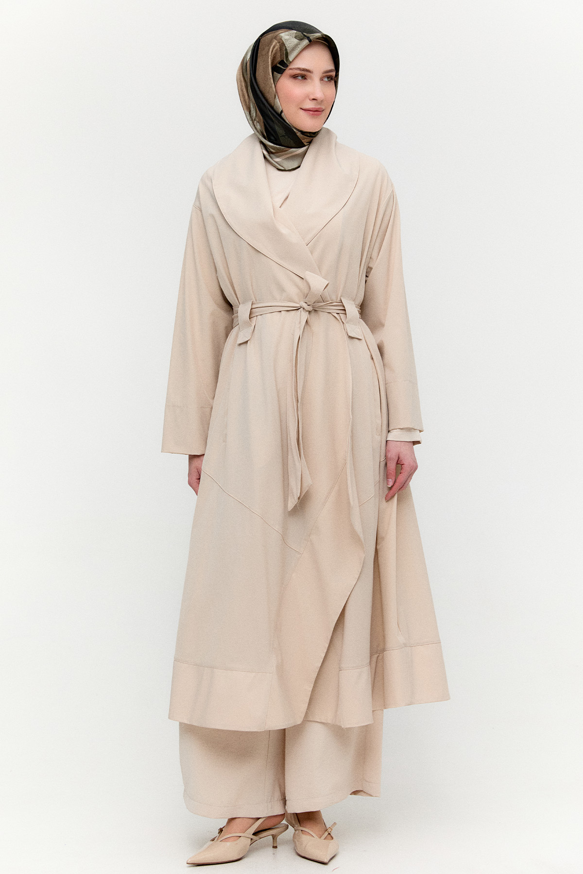 Şal Yakalı Kuşaklı Pardesü, Tesettür Giyim
