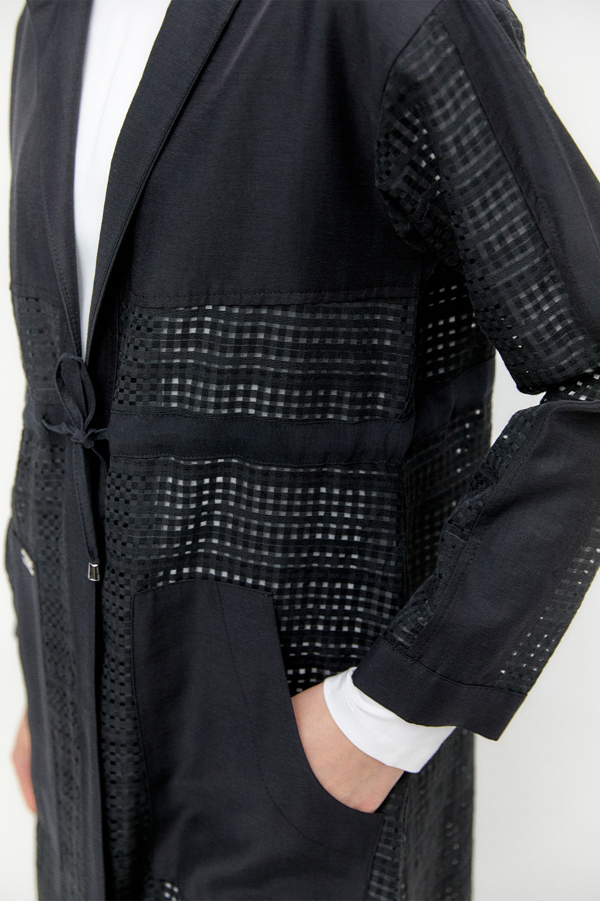 Kuşaklı File Kombinli Pardesü, Tesettür Giyim