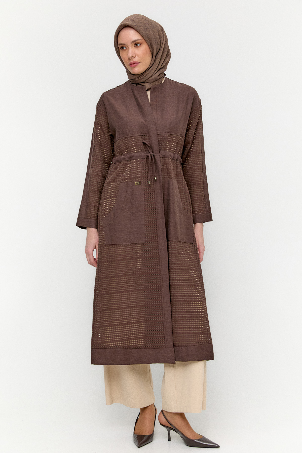 Kuşaklı File Kombinli Pardesü, Tesettür Giyim