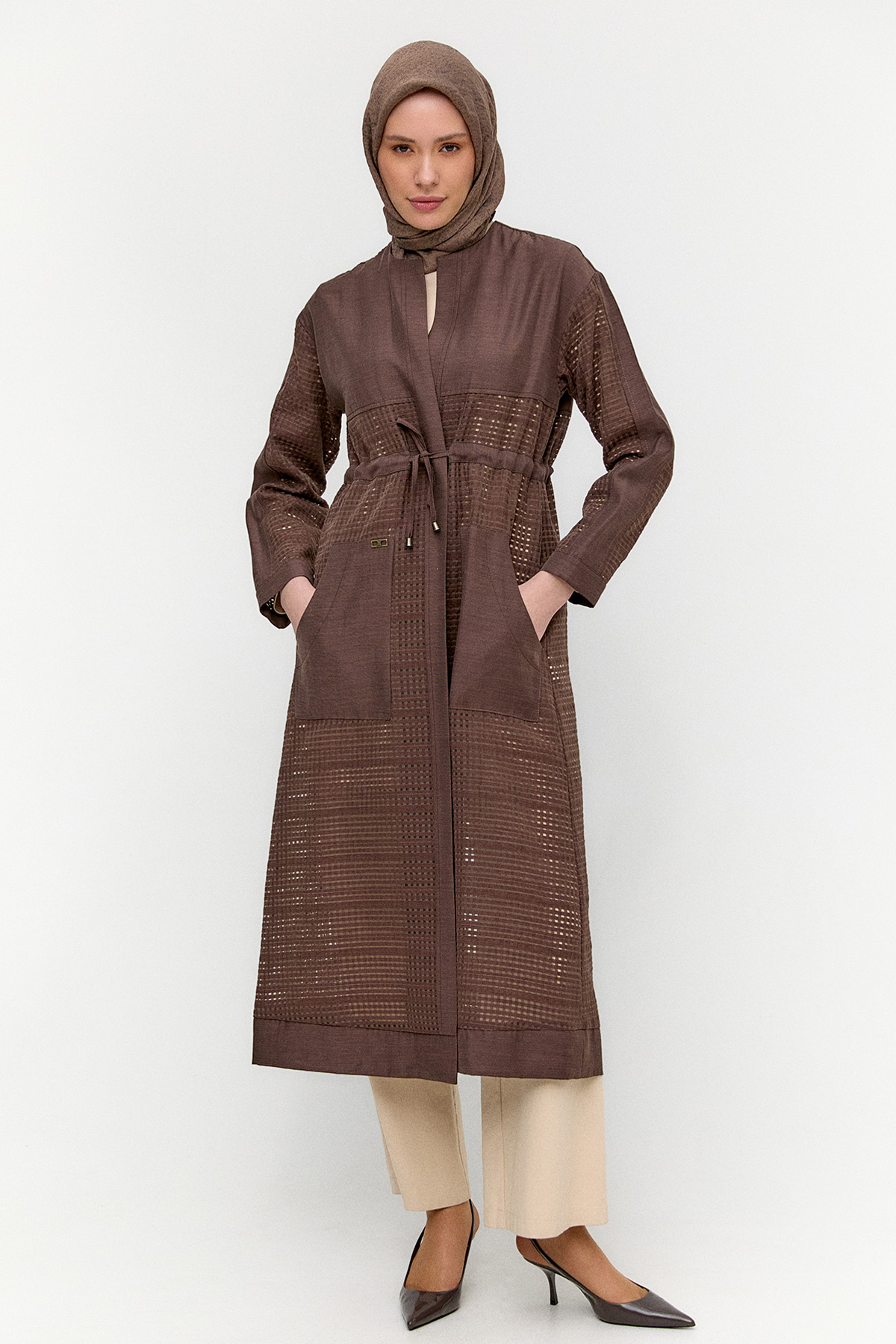 Kuşaklı File Kombinli Pardesü, Tesettür Giyim