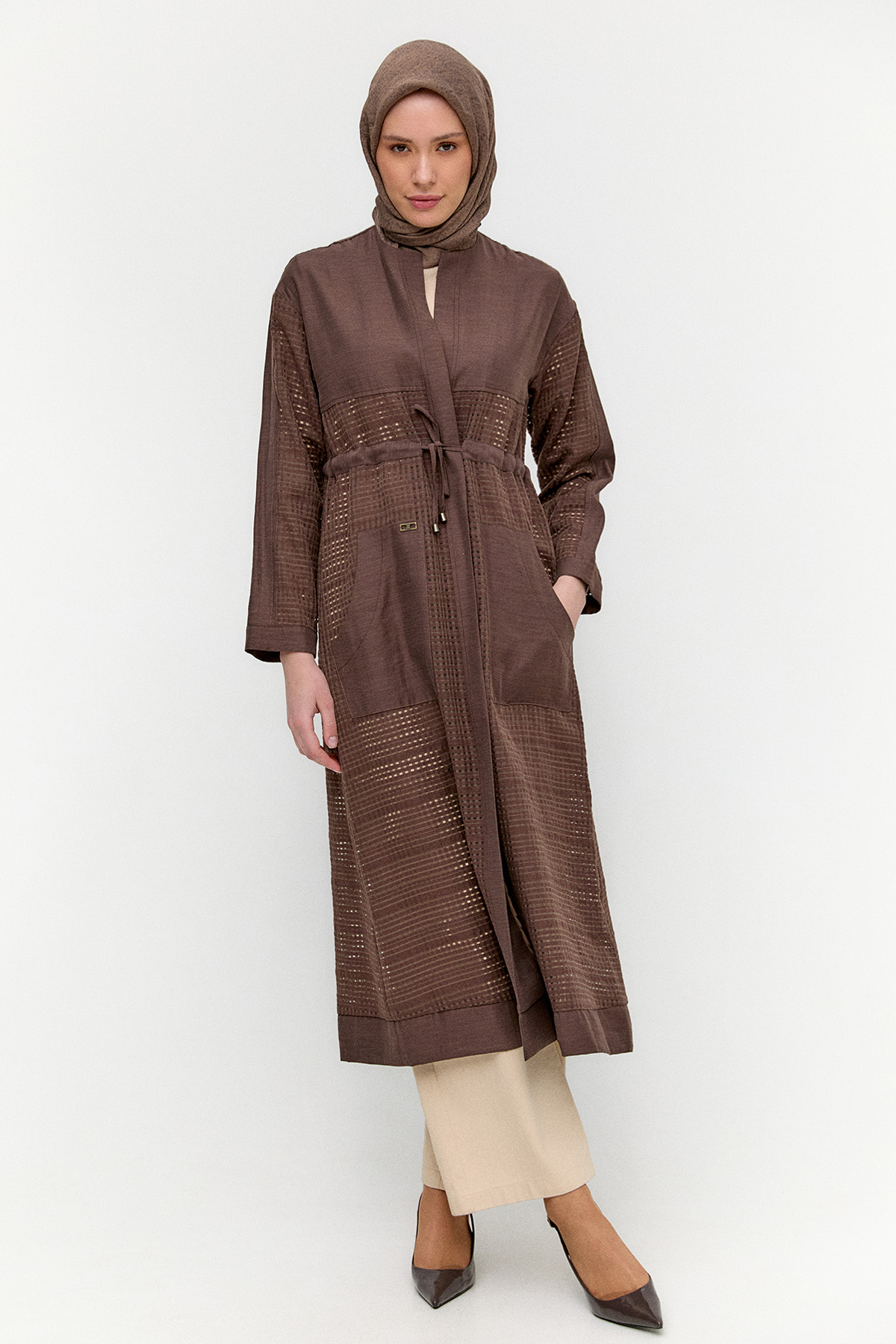 Kuşaklı File Kombinli Pardesü, Tesettür Giyim
