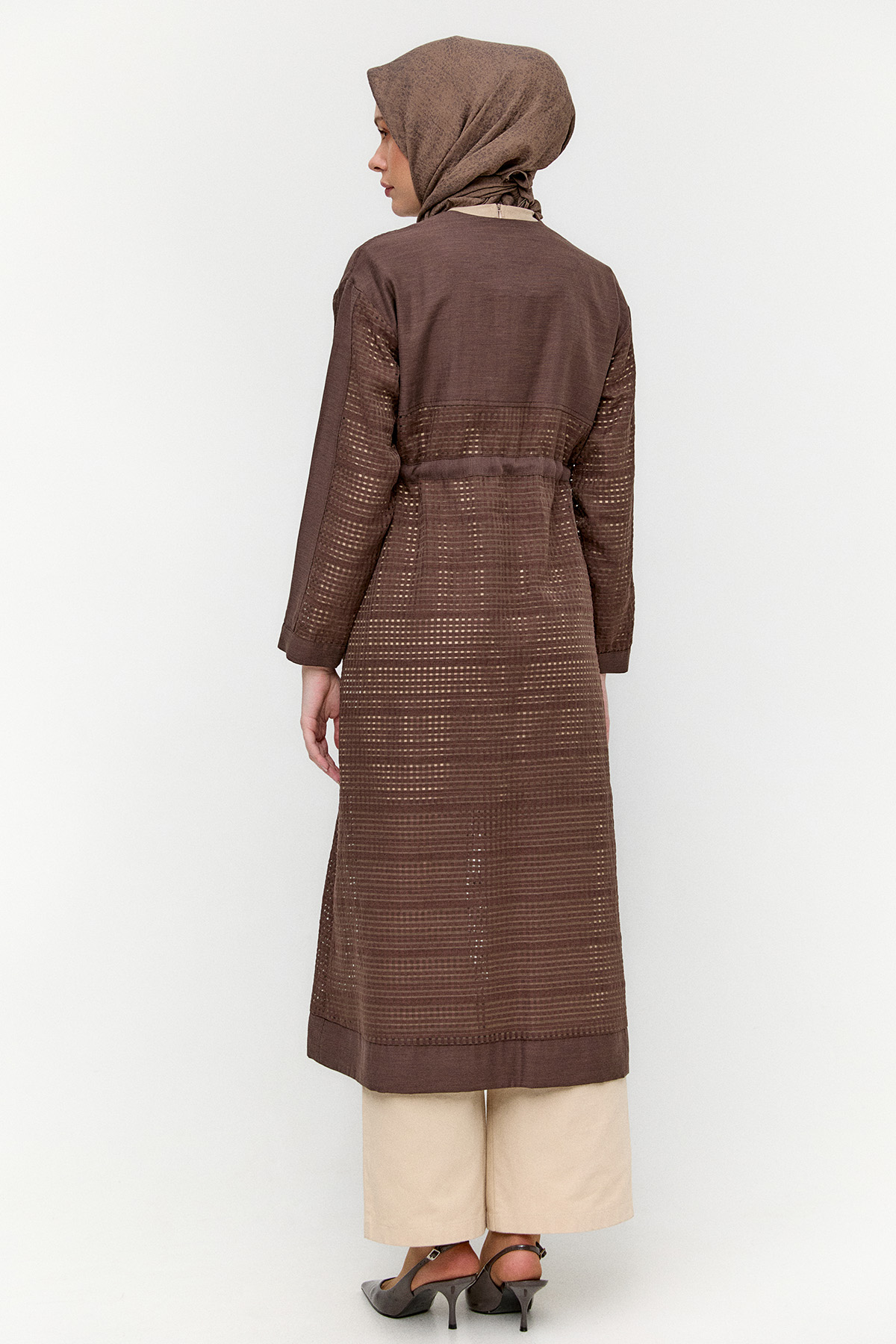 Kuşaklı File Kombinli Pardesü, Tesettür Giyim