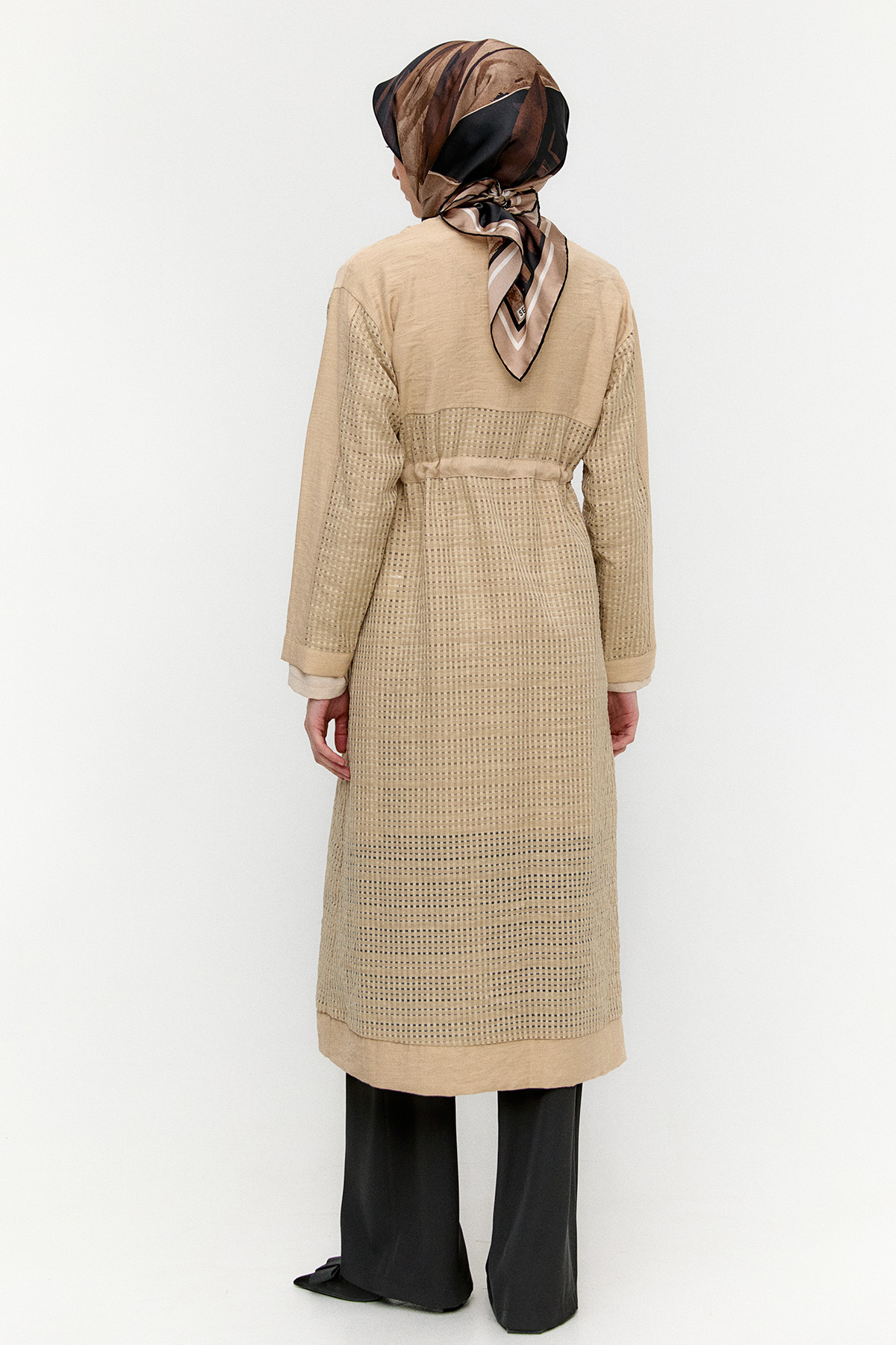 Kuşaklı File Kombinli Pardesü, Tesettür Giyim