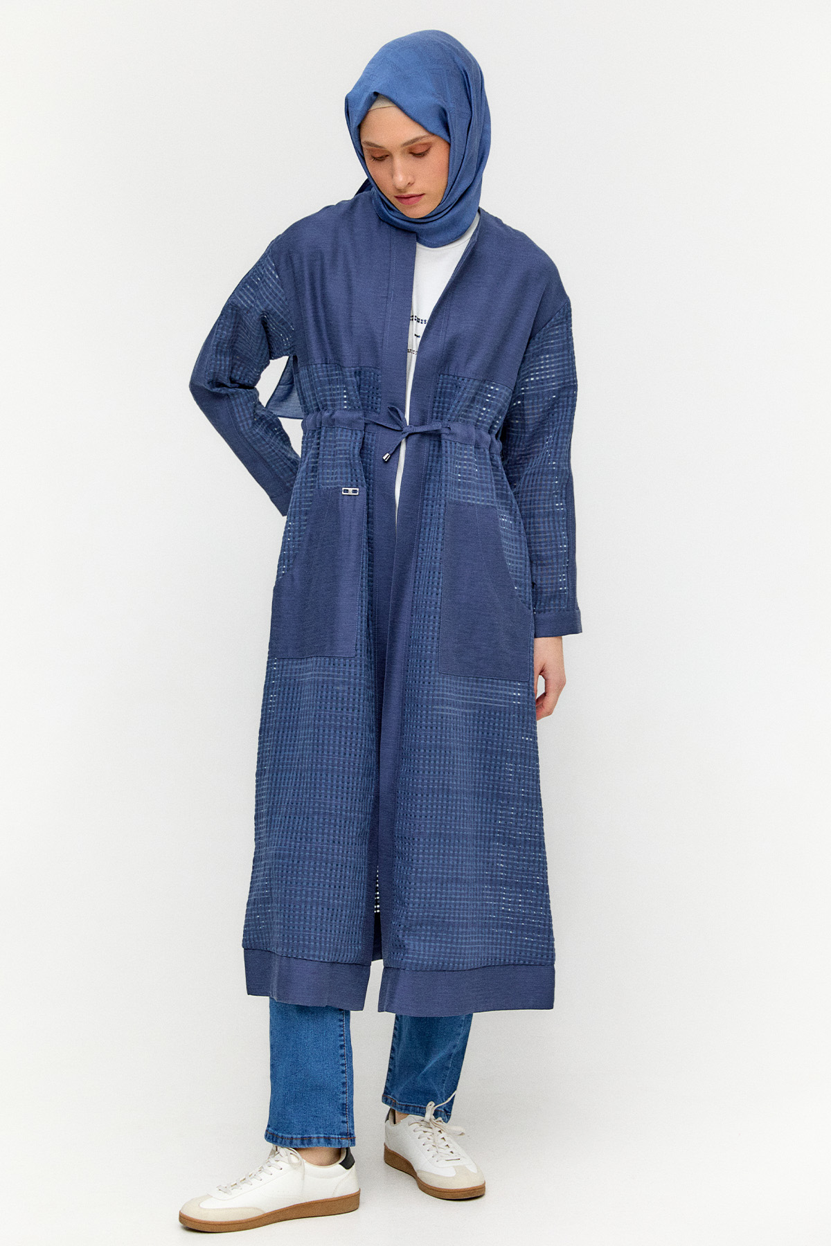 Kuşaklı File Kombinli Pardesü, Tesettür Giyim