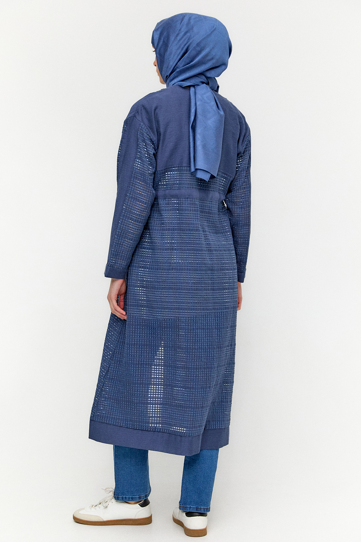 Kuşaklı File Kombinli Pardesü, Tesettür Giyim