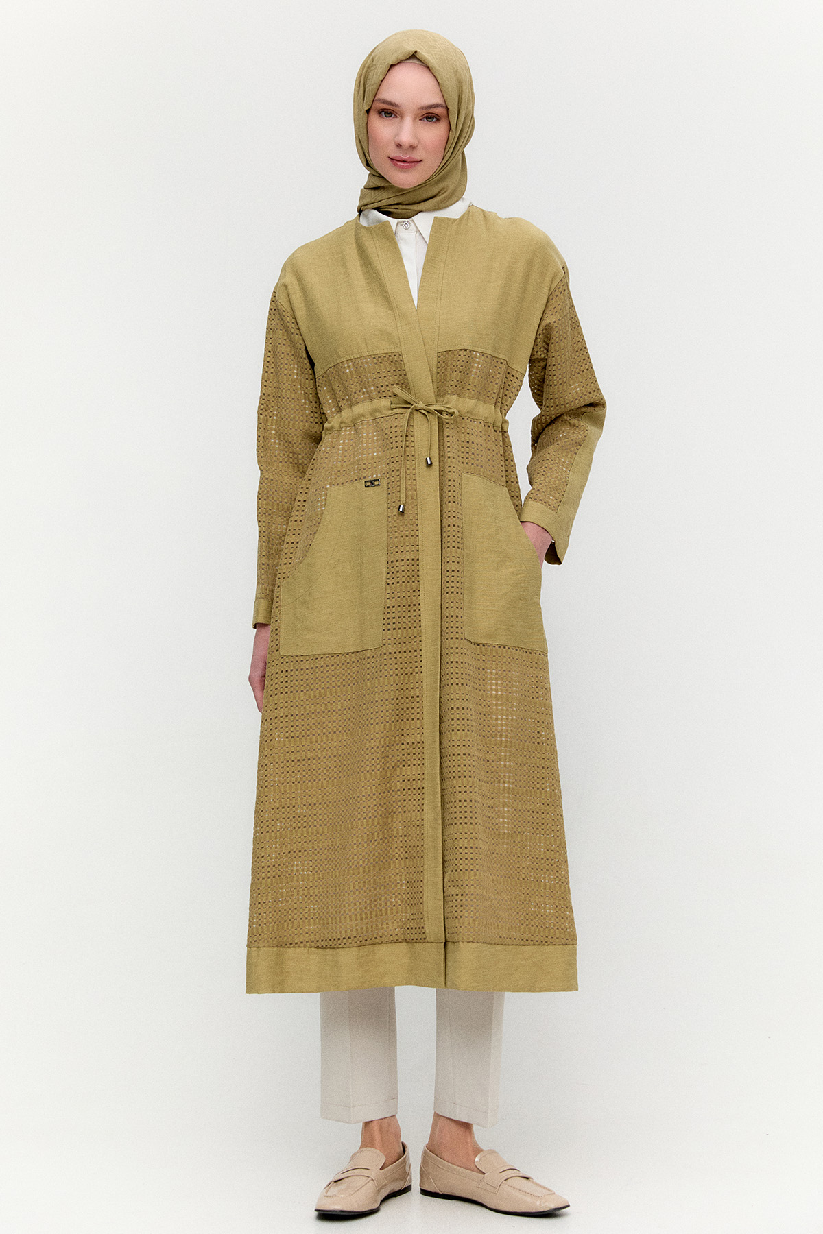 Kuşaklı File Kombinli Pardesü, Tesettür Giyim