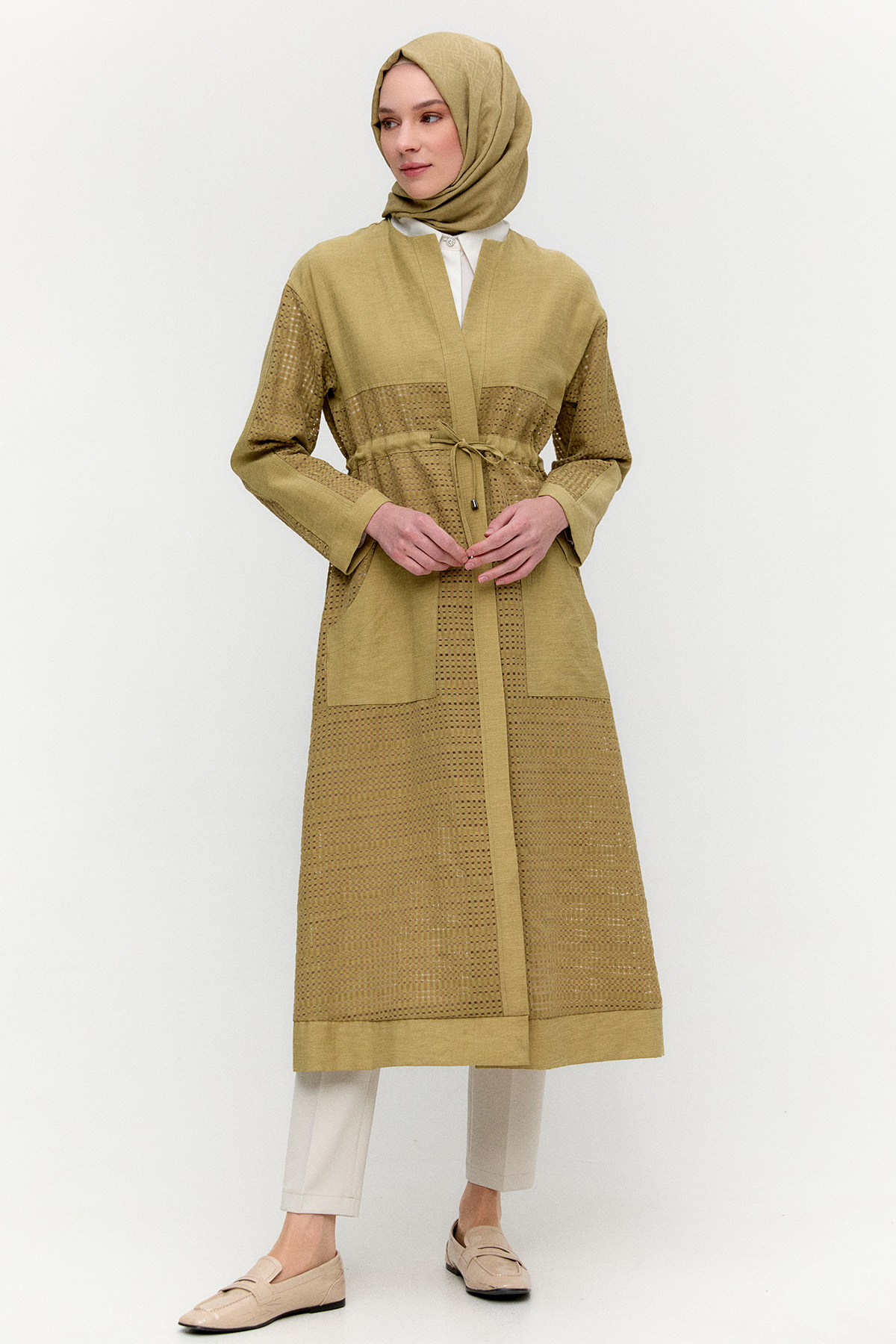 Kuşaklı File Kombinli Pardesü, Tesettür Giyim