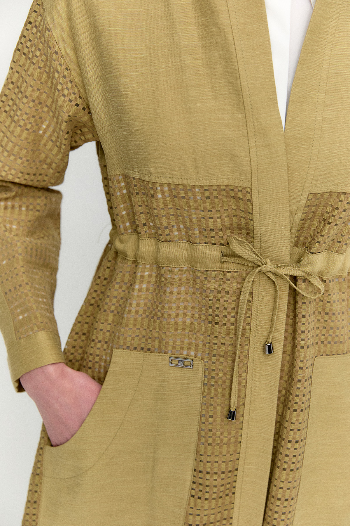 Kuşaklı File Kombinli Pardesü, Tesettür Giyim