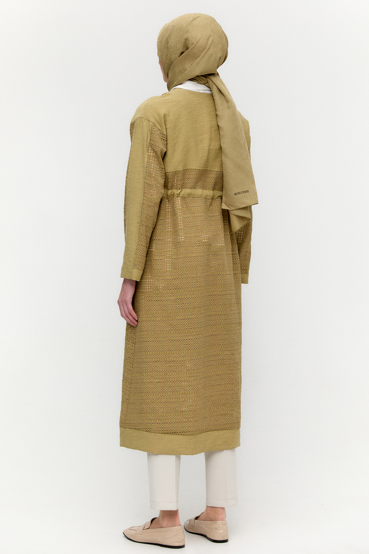 Kuşaklı File Kombinli Pardesü, Tesettür Giyim