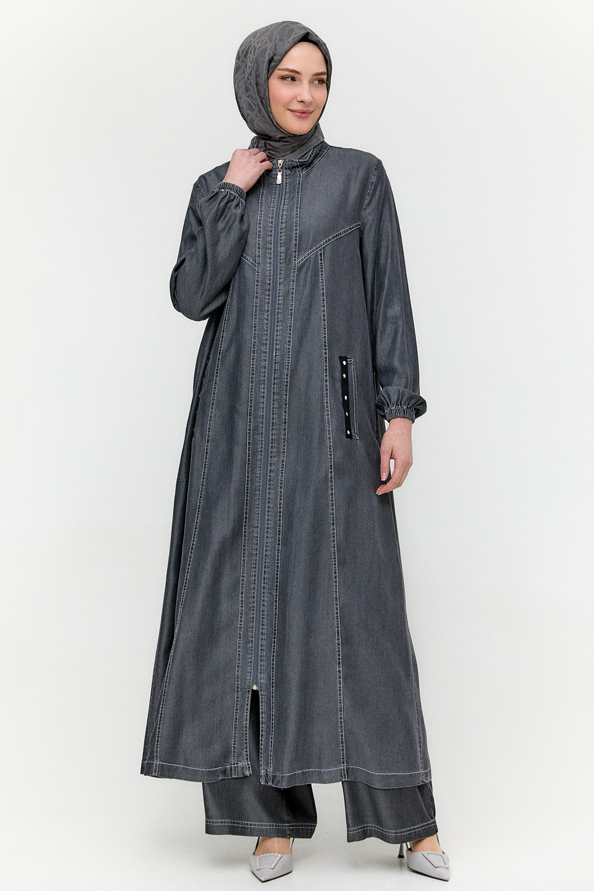 Fermuarlı Oversize Pardesü, Tesettür Giyim