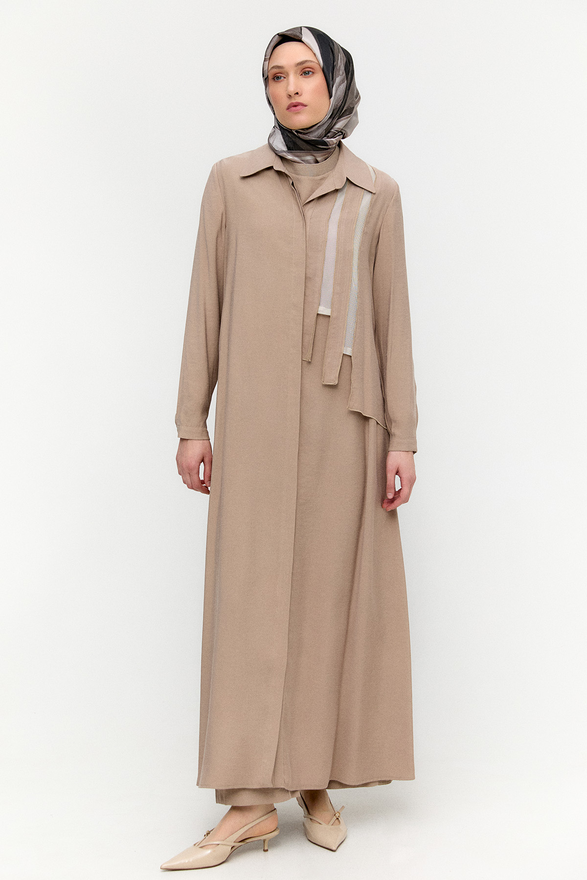 Şerit Detaylı Modal Pardesü, Tesettür Giyim