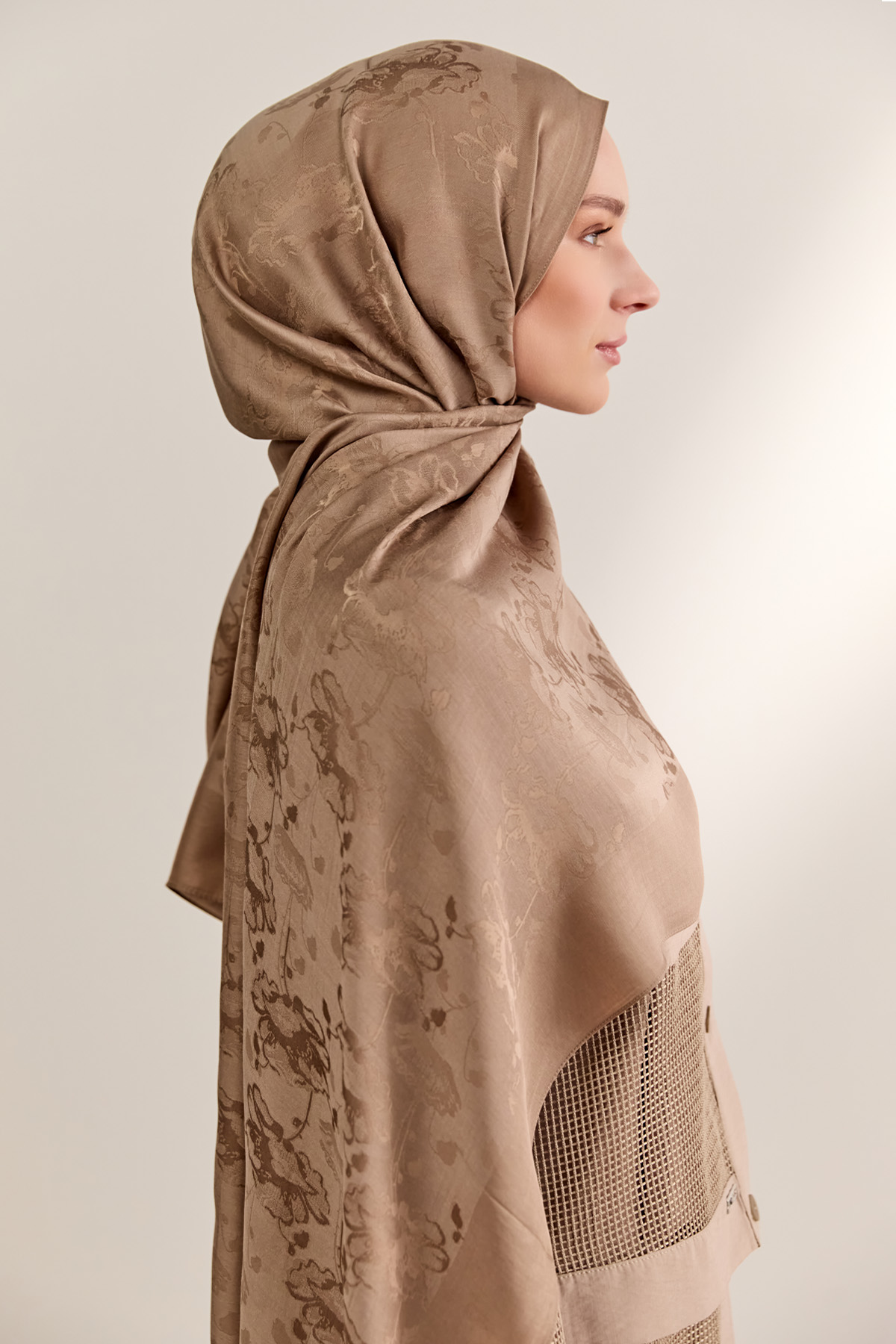 Çiçek Desenli Jakarlı Modal Şal, Tesettür Giyim