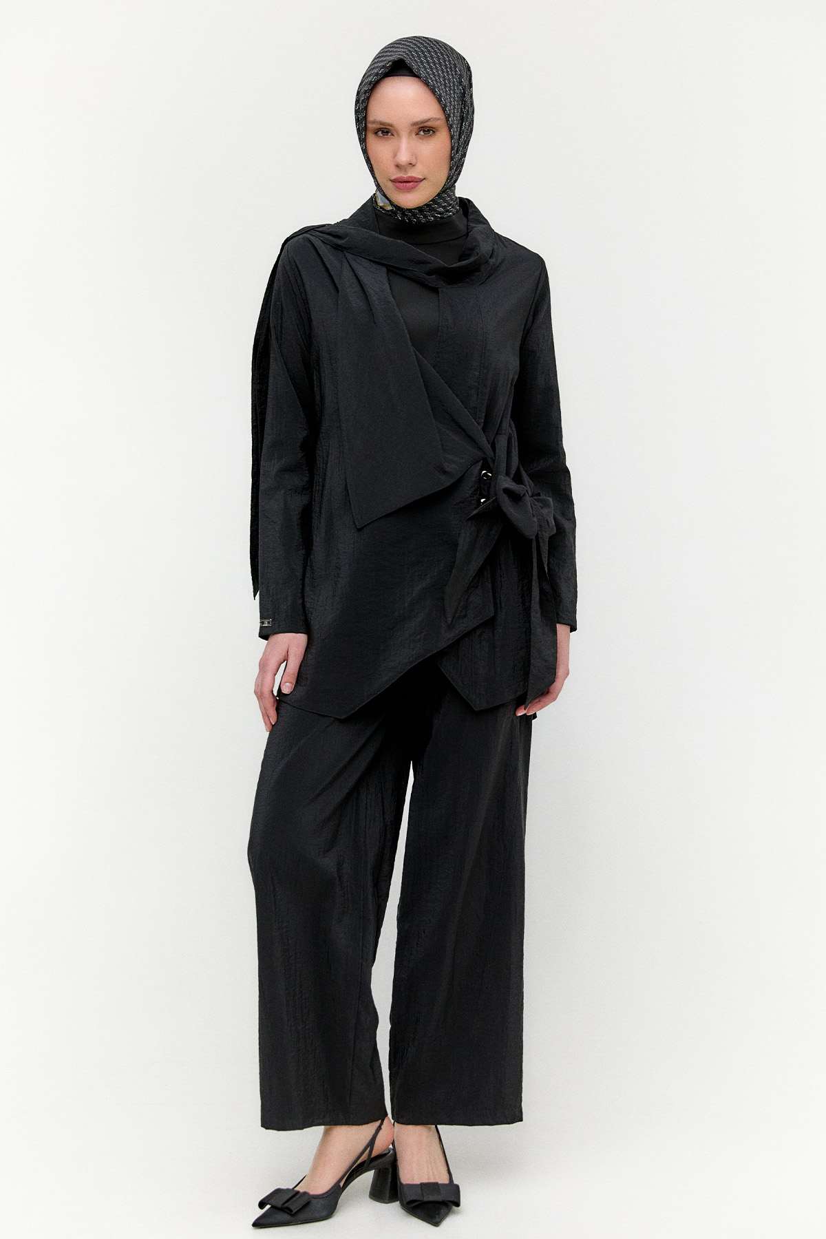 Asimetrik Yakalı Kuşaklı İkili Takım, Tesettür Giyim