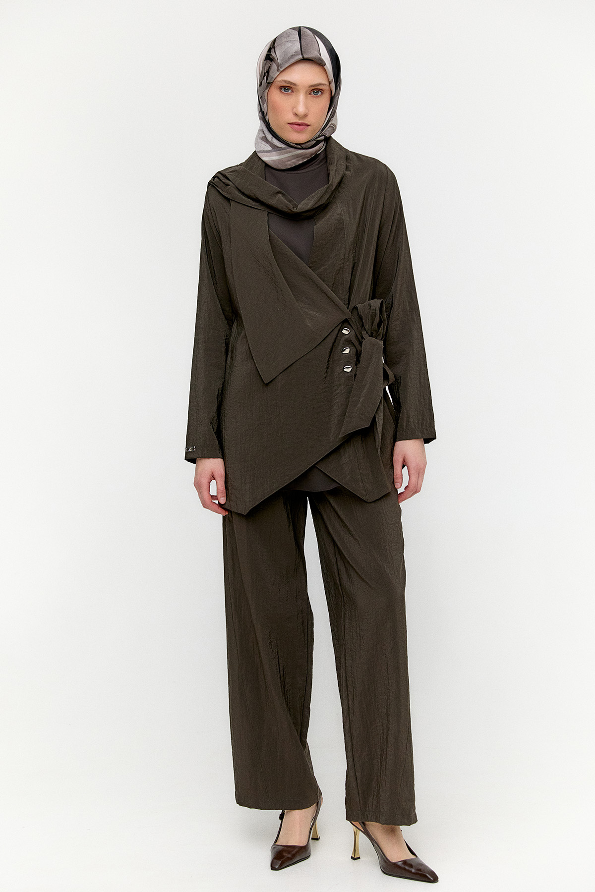Asimetrik Yakalı Kuşaklı İkili Takım, Tesettür Giyim