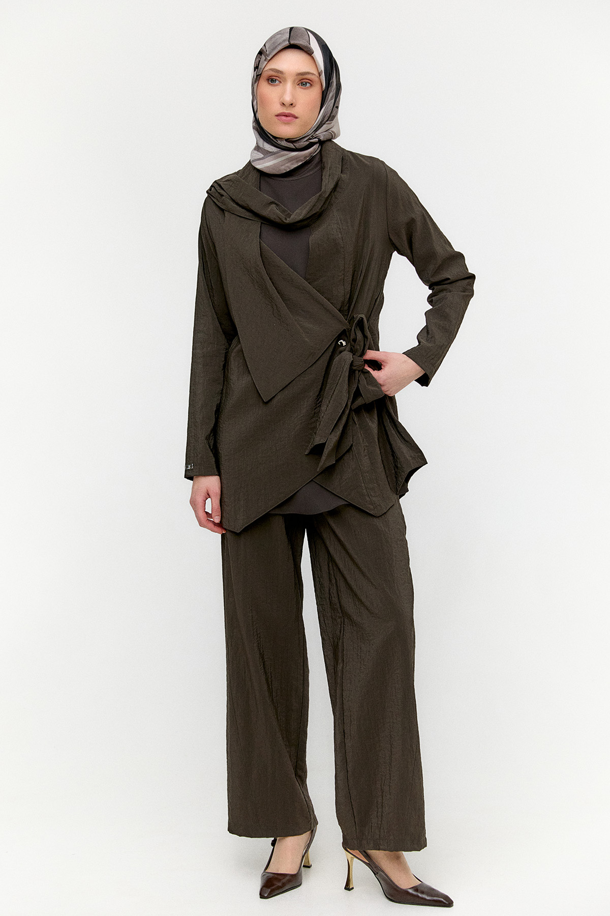 Asimetrik Yakalı Kuşaklı İkili Takım, Tesettür Giyim