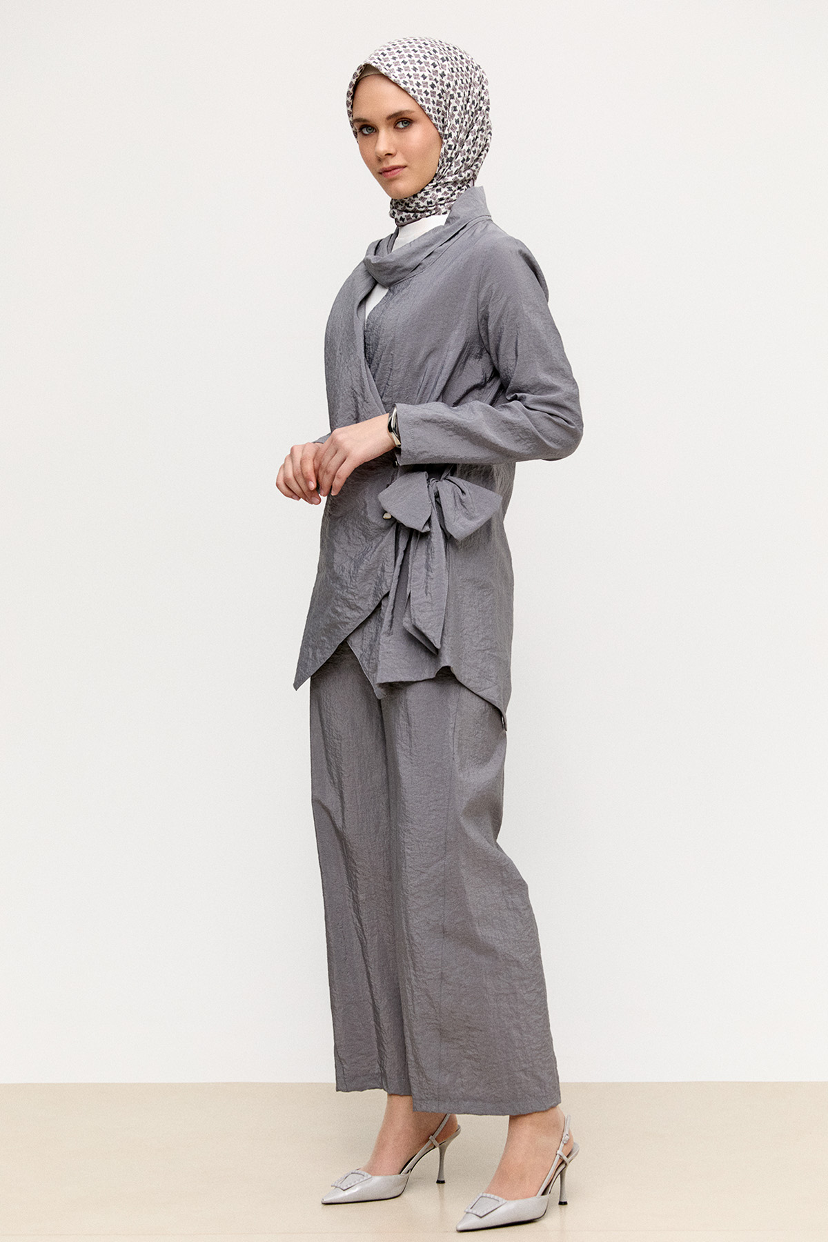 Asimetrik Yakalı Kuşaklı İkili Takım, Tesettür Giyim