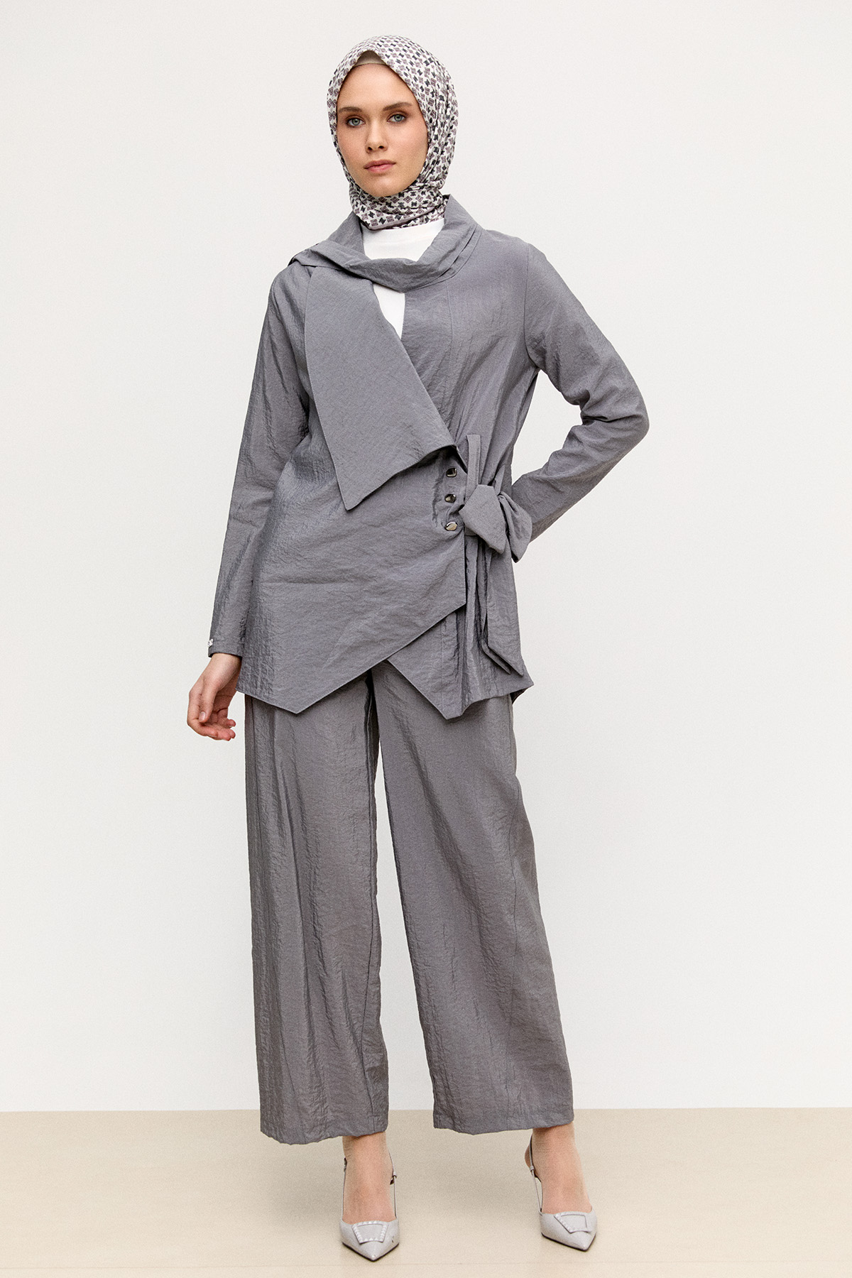 Asimetrik Yakalı Kuşaklı İkili Takım, Tesettür Giyim