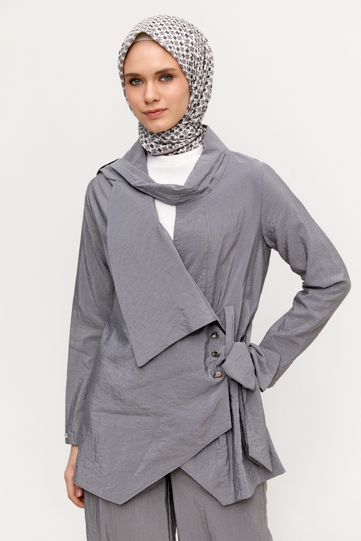 Asimetrik Yakalı Kuşaklı İkili Takım, Tesettür Giyim