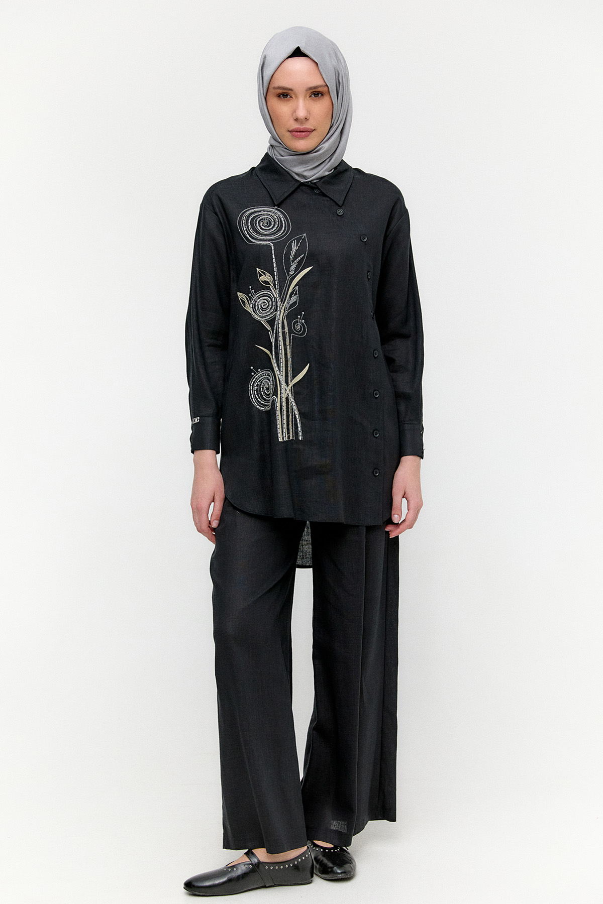 Nakışlı Keten Görünümlü İkili Takım, Tesettür Giyim
