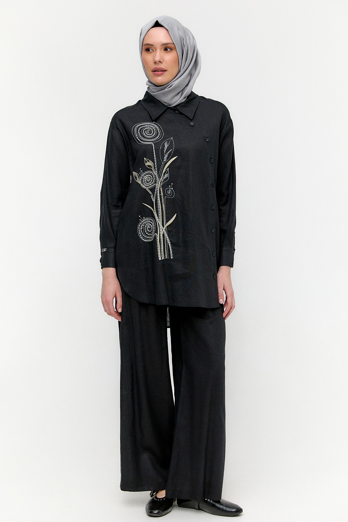 Nakışlı Keten Görünümlü İkili Takım, Tesettür Giyim