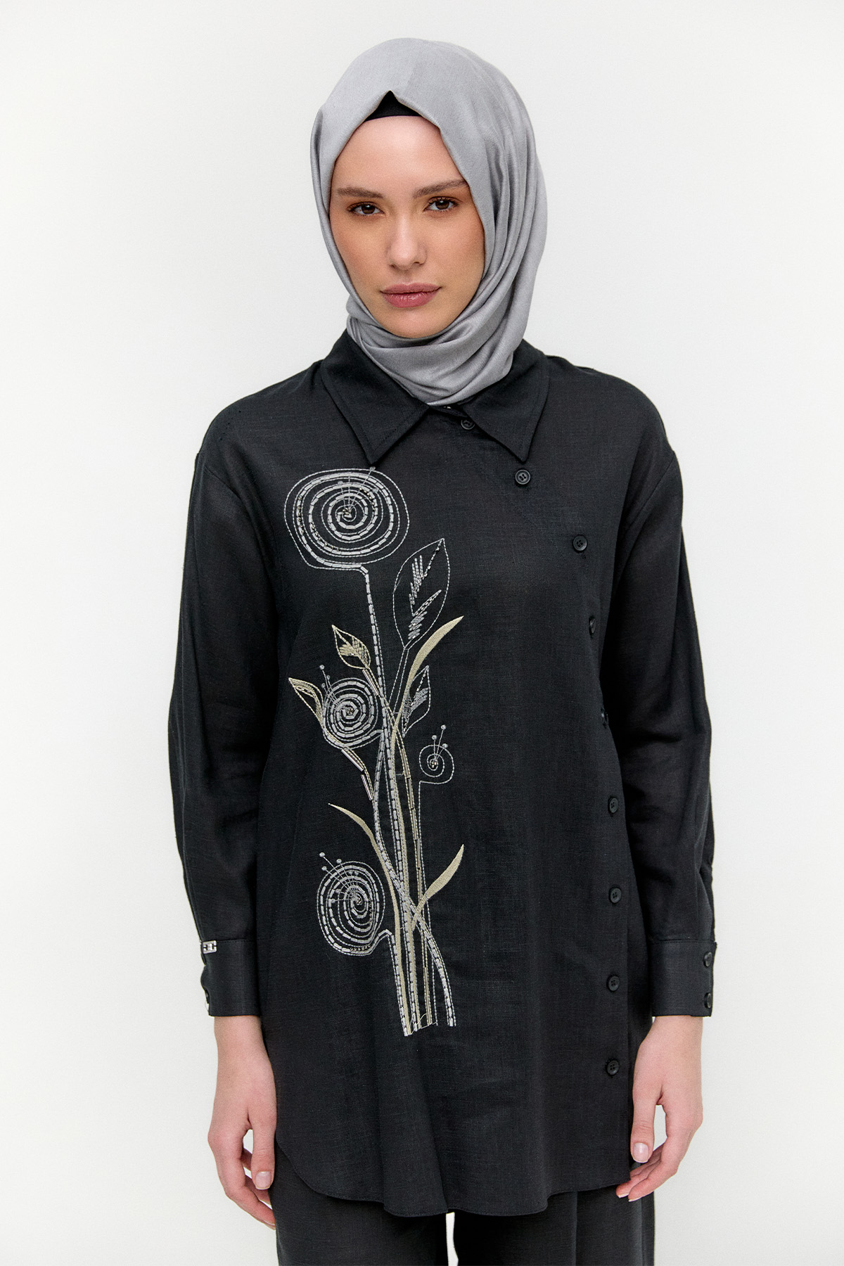 Nakışlı Keten Görünümlü İkili Takım, Tesettür Giyim