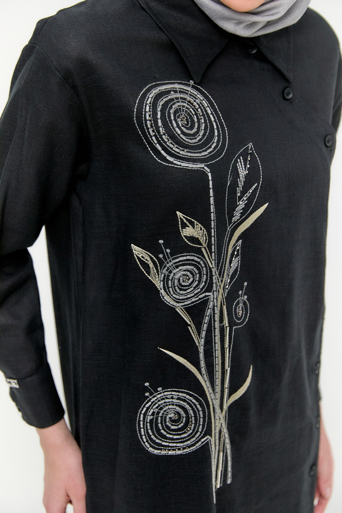 Nakışlı Keten Görünümlü İkili Takım, Tesettür Giyim