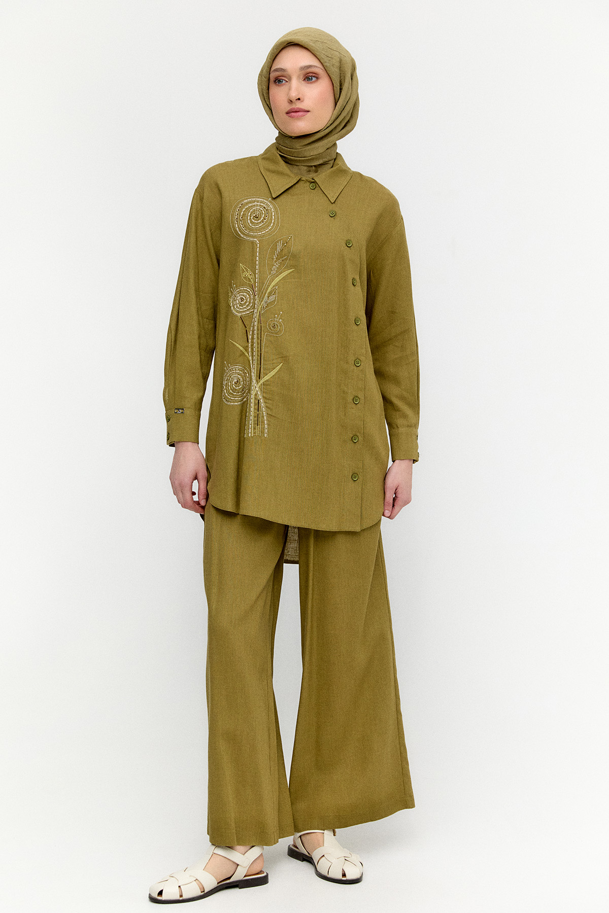 Nakışlı Keten Görünümlü İkili Takım, Tesettür Giyim