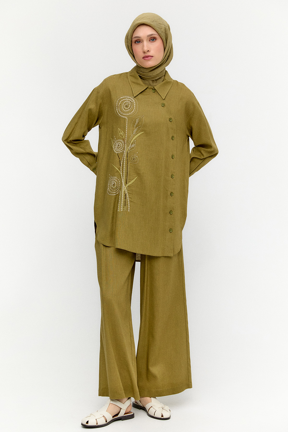 Nakışlı Keten Görünümlü İkili Takım, Tesettür Giyim