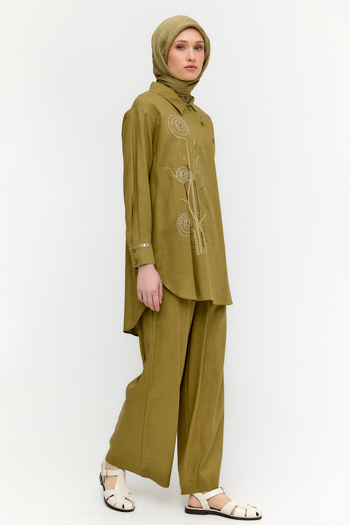 Nakışlı Keten Görünümlü İkili Takım, Tesettür Giyim