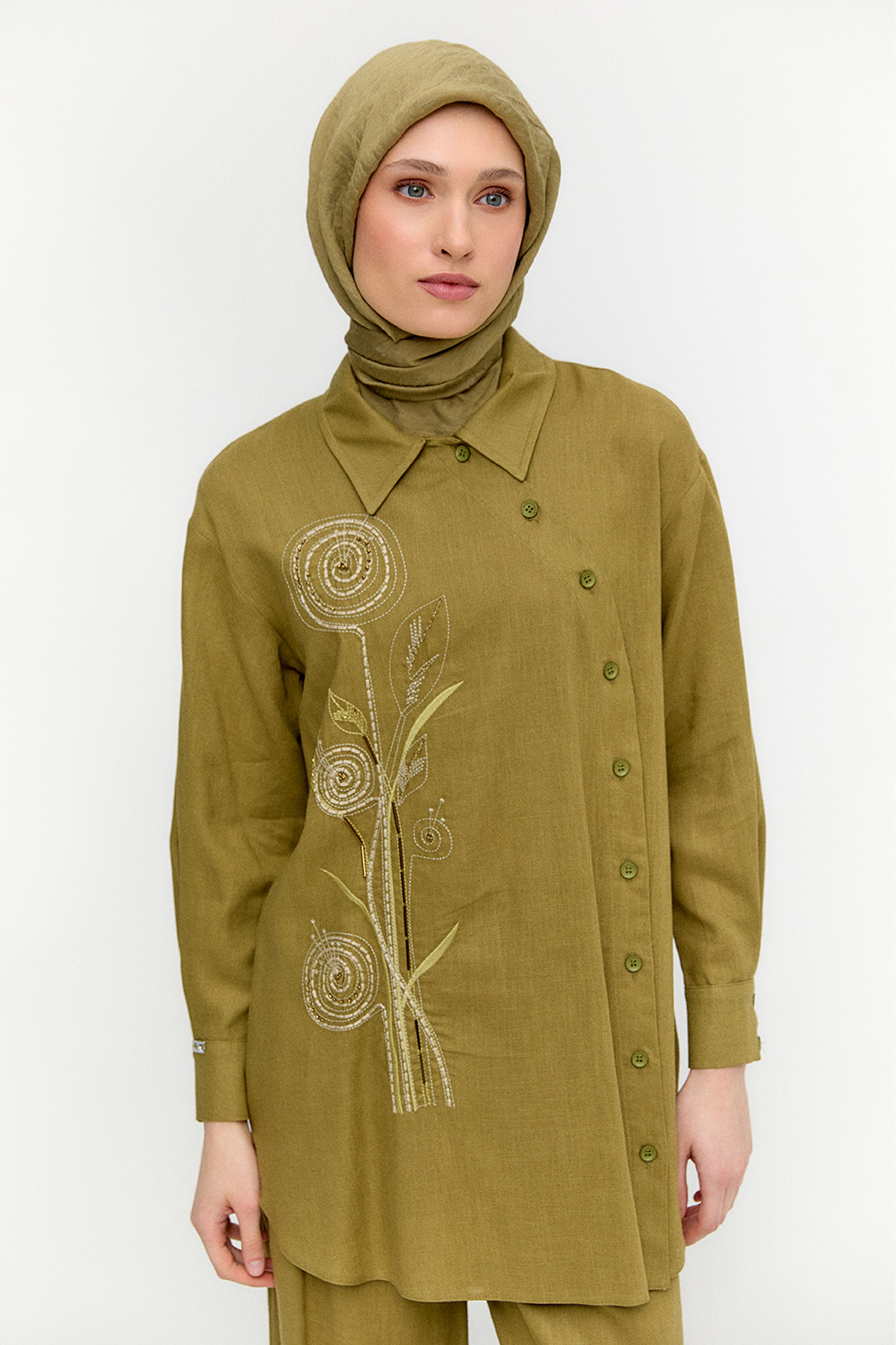 Nakışlı Keten Görünümlü İkili Takım, Tesettür Giyim