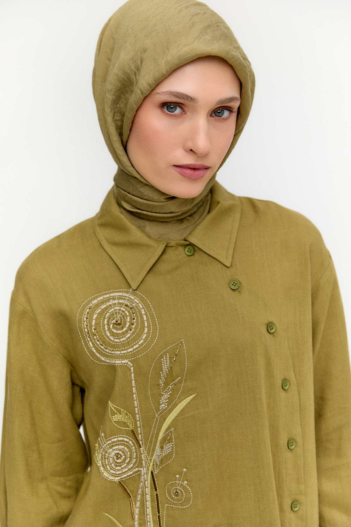 Nakışlı Keten Görünümlü İkili Takım, Tesettür Giyim