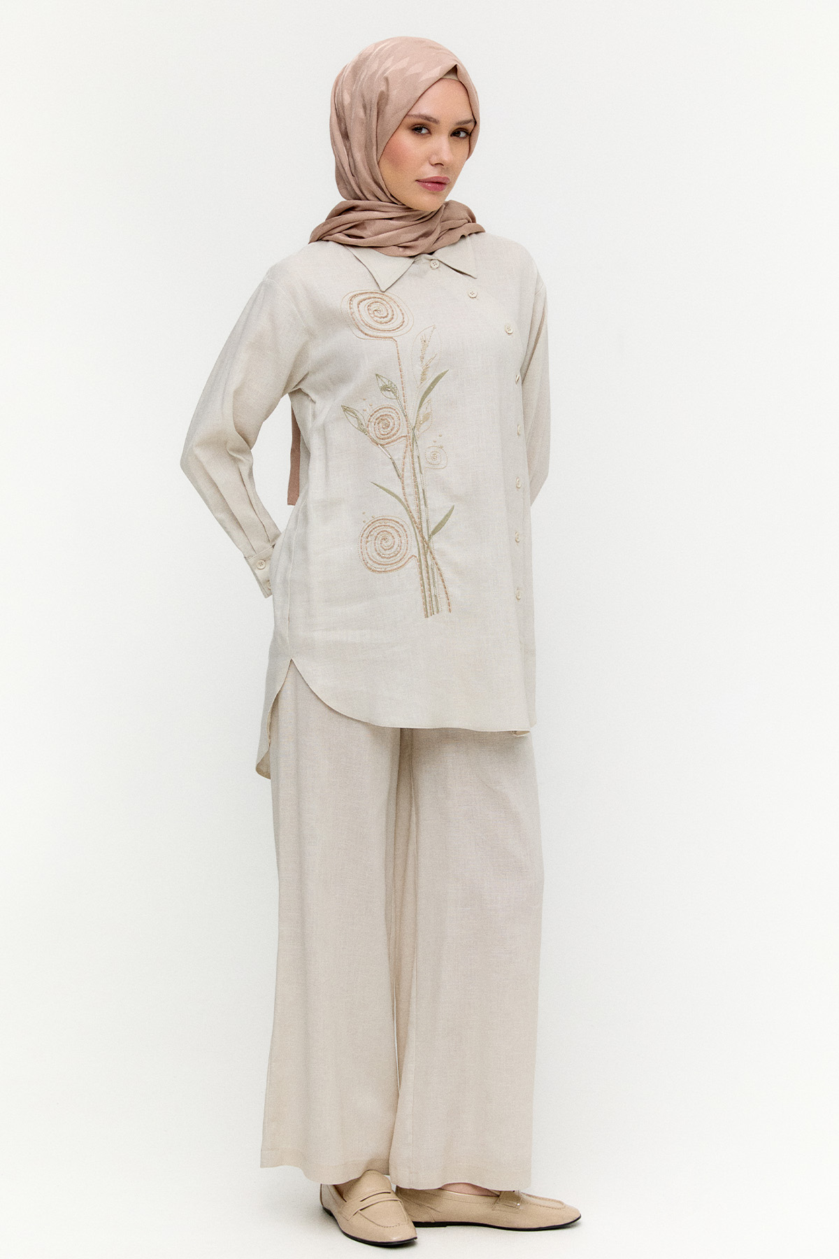Nakışlı Keten Görünümlü İkili Takım, Tesettür Giyim